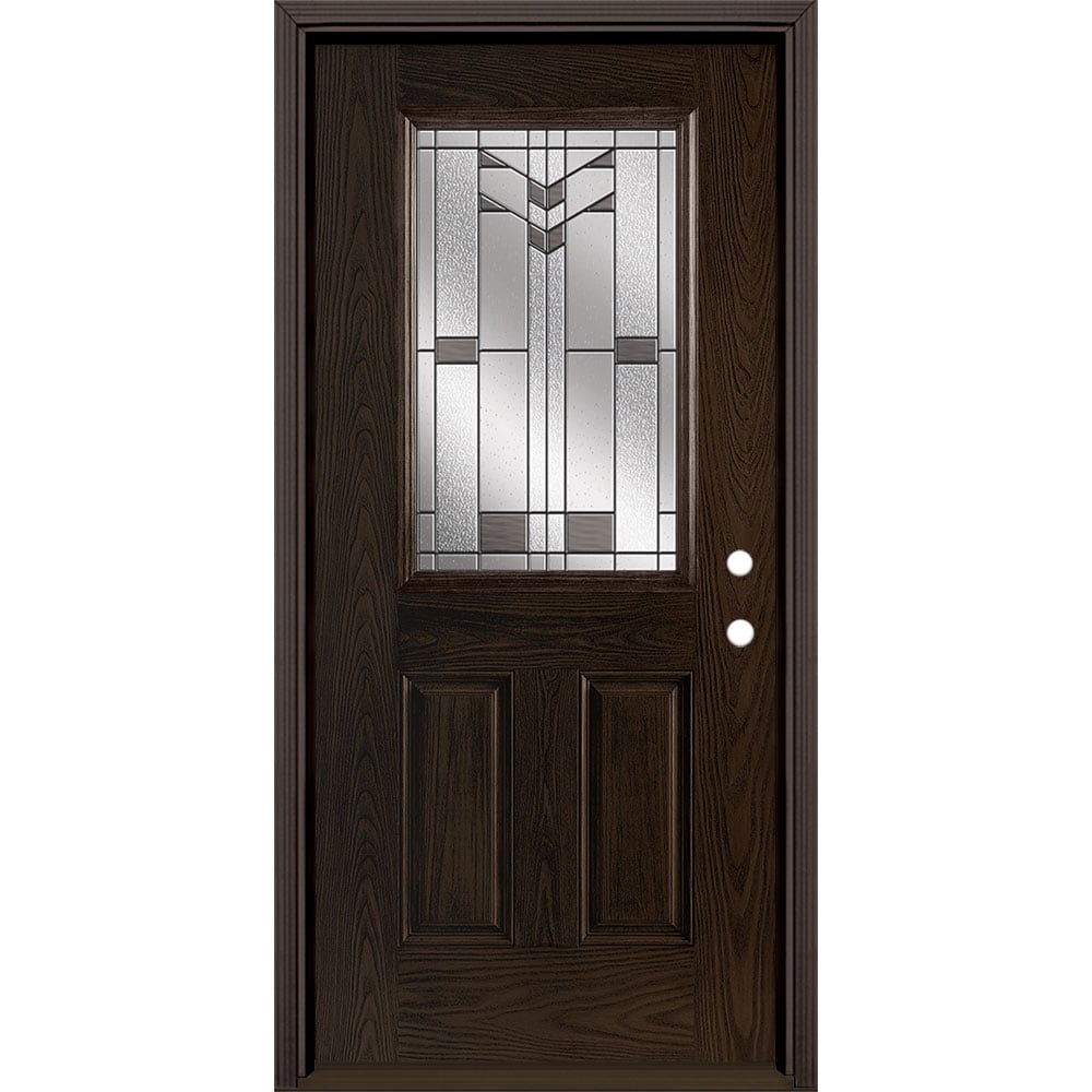 Masonite 3420247 Frontier 36-in x 80-in x 4-9/16-in Fiberglass Half lite Left-hand inswing Walnut Stained Prehung Front Door with Brickmould Insulating core