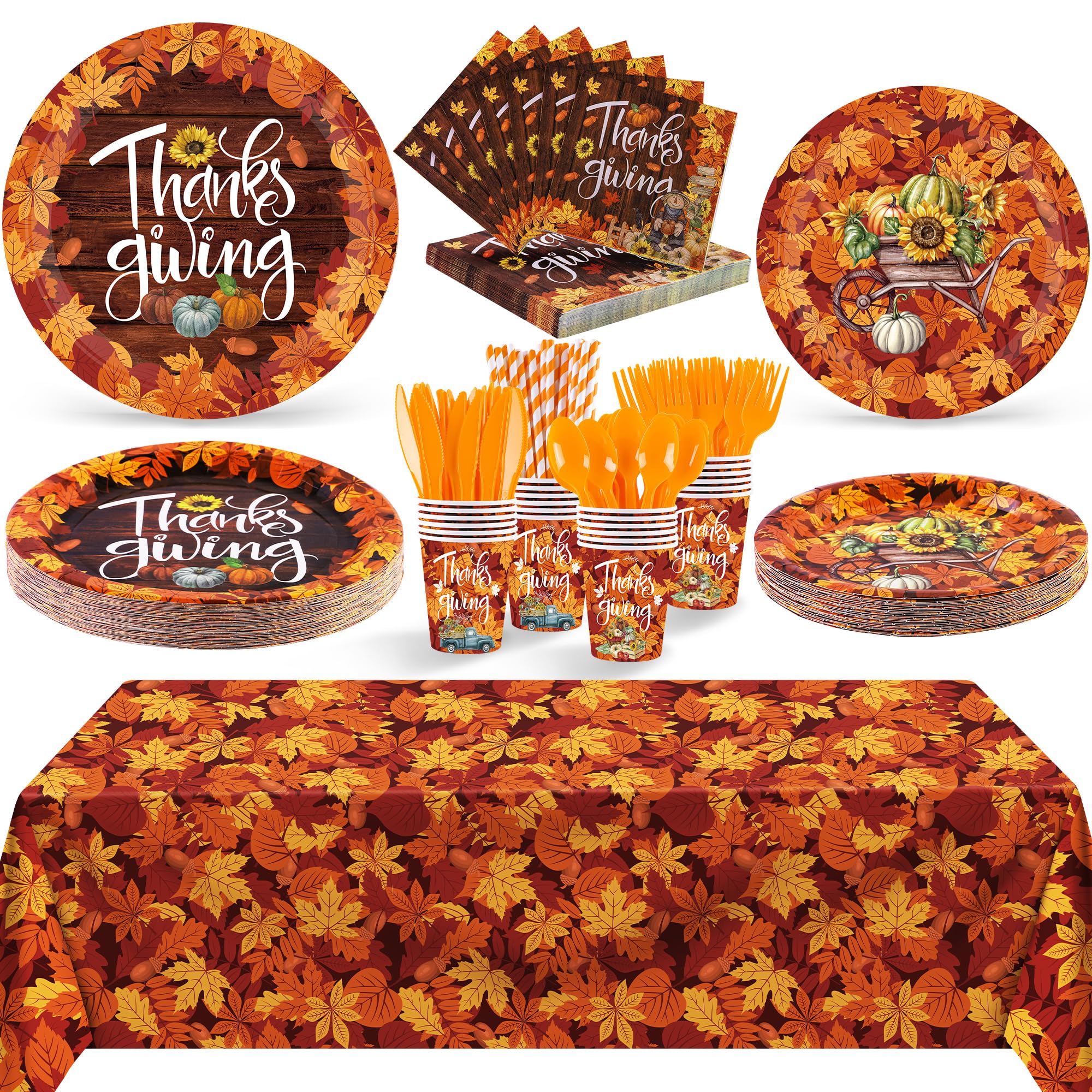 Misopily  194 Piece Fall Party Dinnerware Set Maple Leaf Plates 9 in and 7 in Cups Napkins Cutlery Straws Tablecloths 54 x 108 in Serves 24