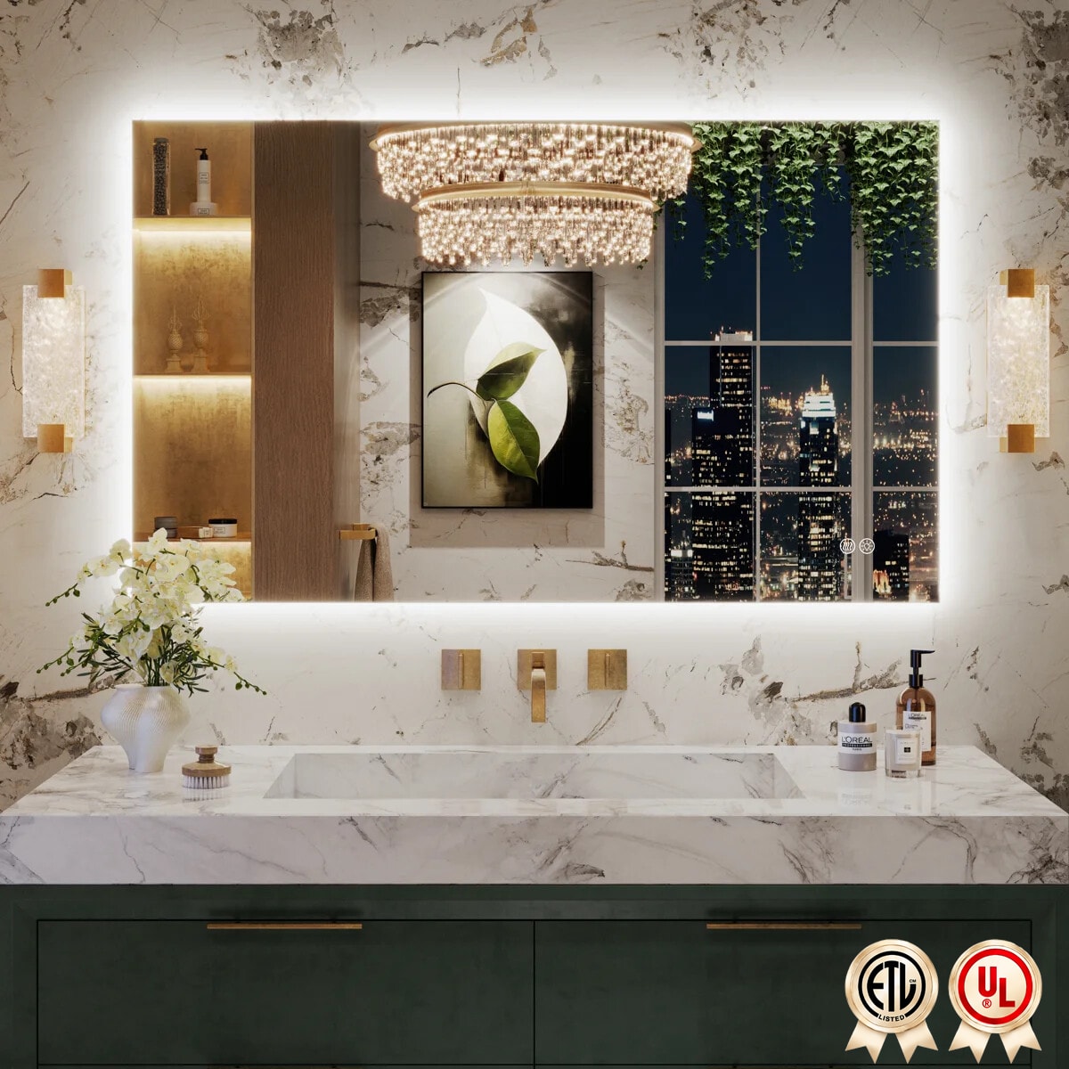 YQP 40-in W x 24-in H UL Certified Anti-Fog Backlit Frameless LED Bathroom Wall Mirror with Tempered Glass