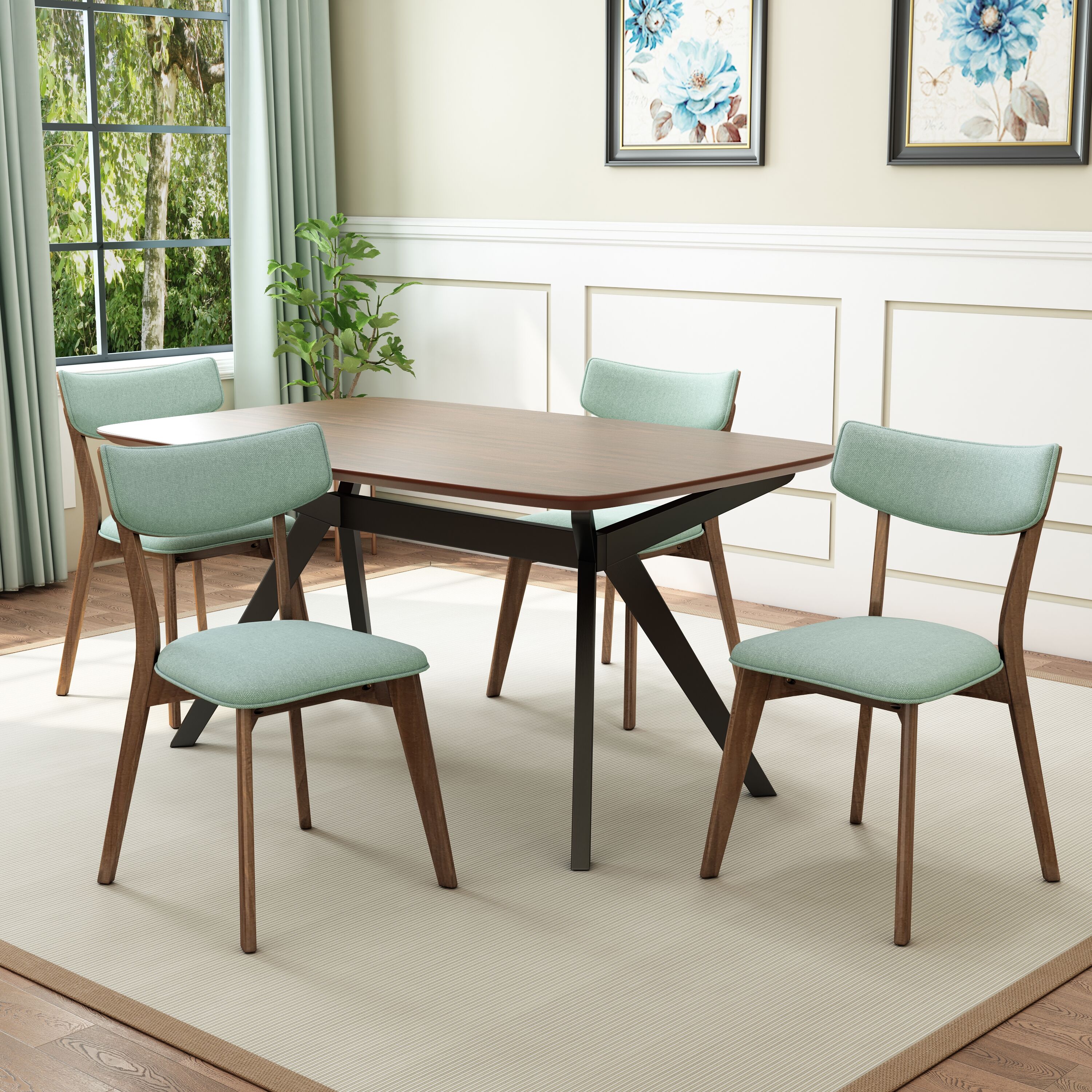 Christopher Knight Home 329538 Mid Century 5 Piece Dining Set with Rounded Rectangle A-frame Table and Upholstered Chairs Mint and Walnut Finish