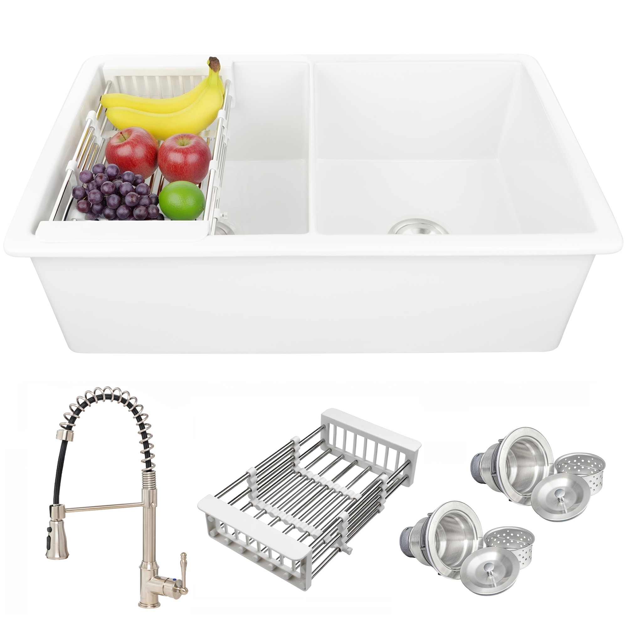 AKDY Firesink Clay Undermount 32-in x 19-in Fireclay Double equal bowl Kitchen Sink All-in-One Kit
