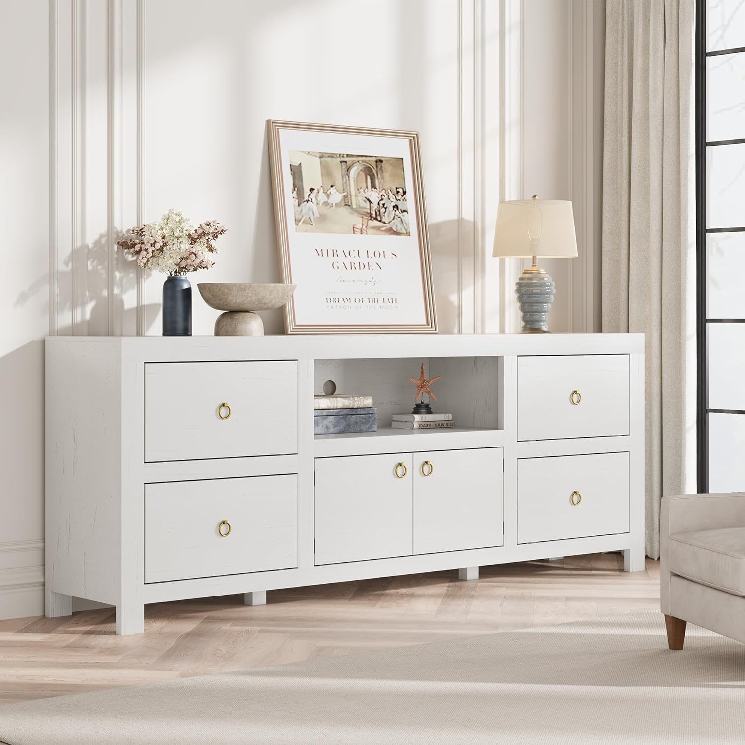 Qeetex GGL-PHK-3364NFNM Farmhouse TV Stand for 75/80 Inch TVs Long Entertainment Center with 6 Storage Drawers Soundbar Shelf White Television Consoles Stands for Living Room Bedroom