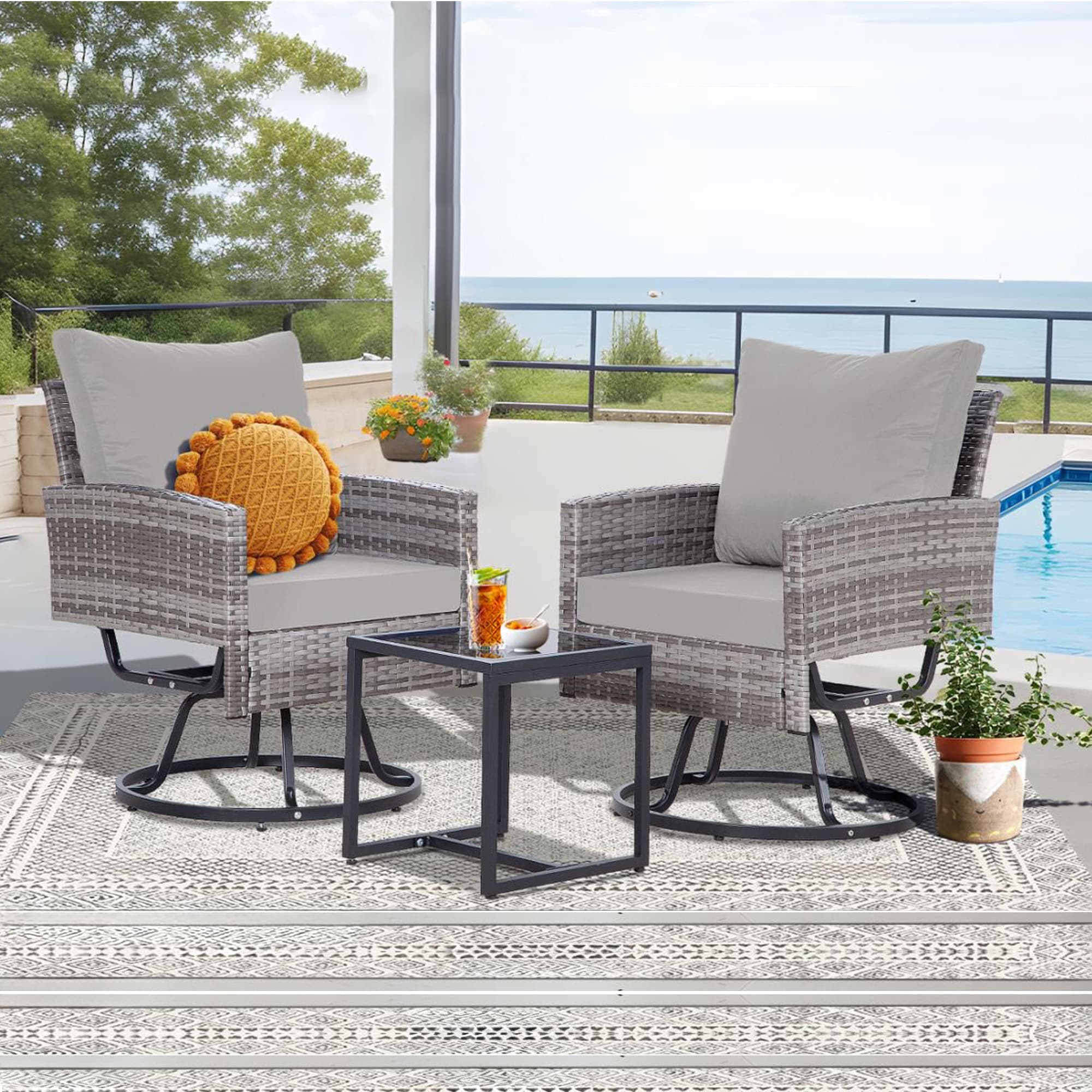 EarlGrove DJ-MZBB2431 3 -Piece Wicker Patio Conversation Set with Gray Cushions