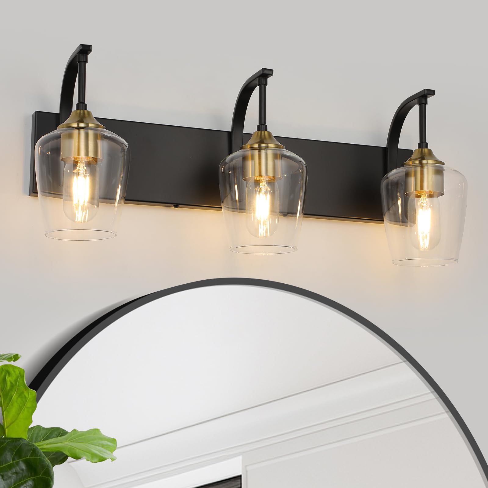 AOIZGMY  Black and Gold 3 Light Vanity Light with Clear Glass Shades 23.62 inch Industrial Bathroom Wall Lights for Bedroom Hallway Living Room