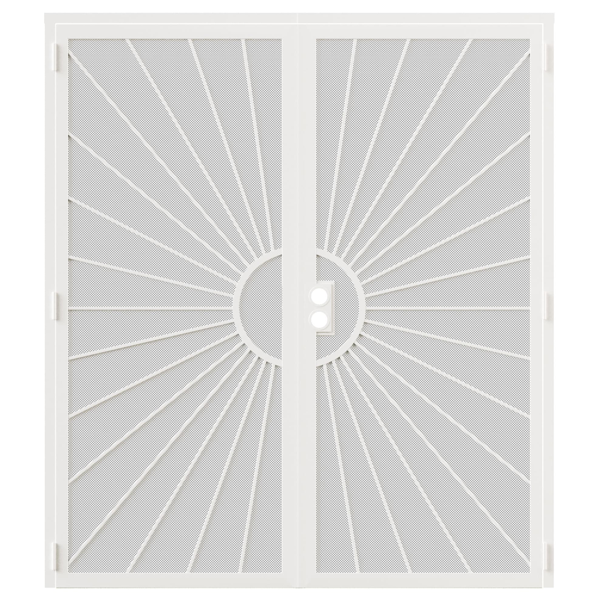 JUJUBON EX-SECDSD-WTTY-72 Security door 72-in x 80-in White Steel Recessed or surface mount Universal/Reversible Prehung Double Security Door with White Screen and No bore