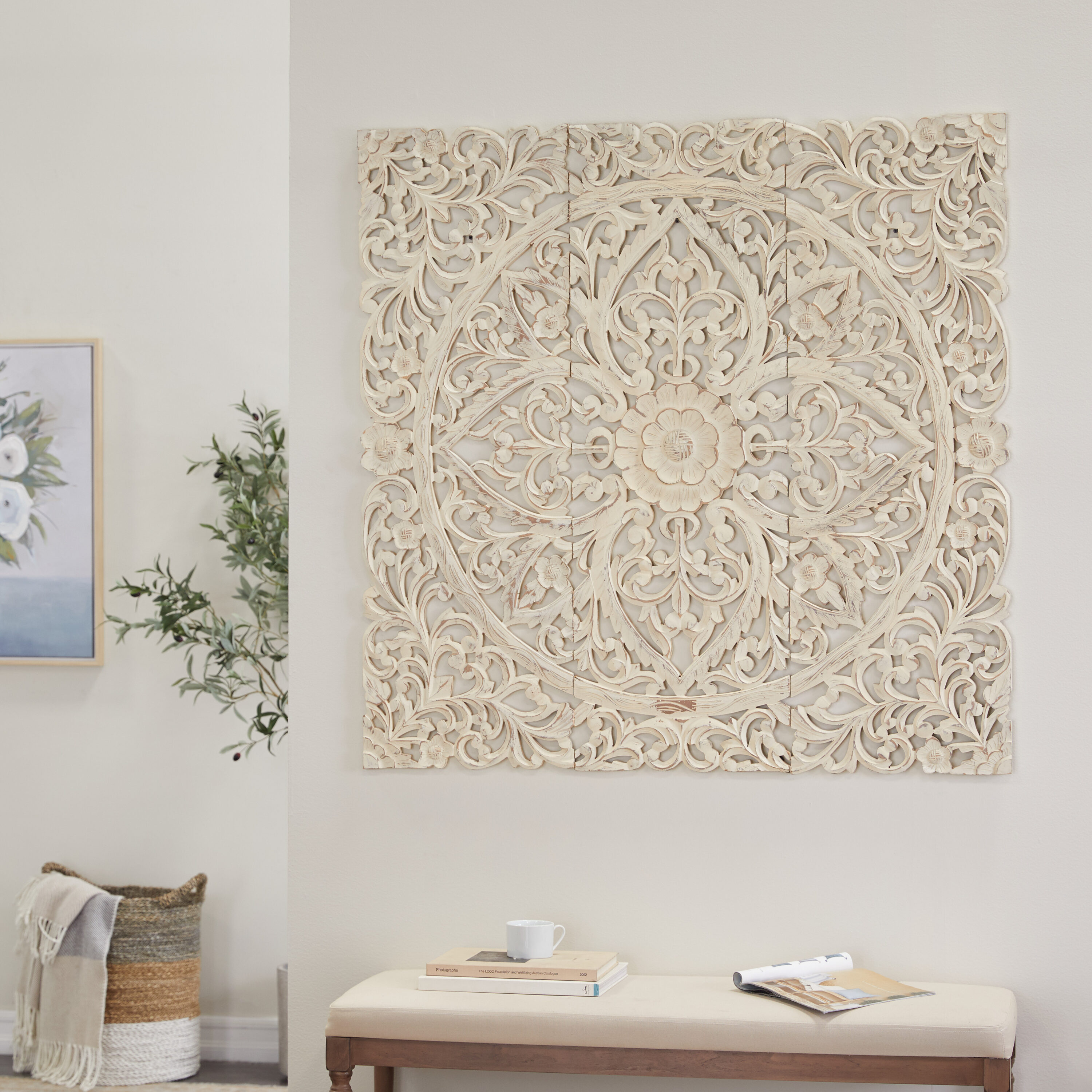 Grayson Lane 14318 16-in W x 48-in H Wood Floral Handmade Intricately Carved with Mandala Design Floral Wall sculpture