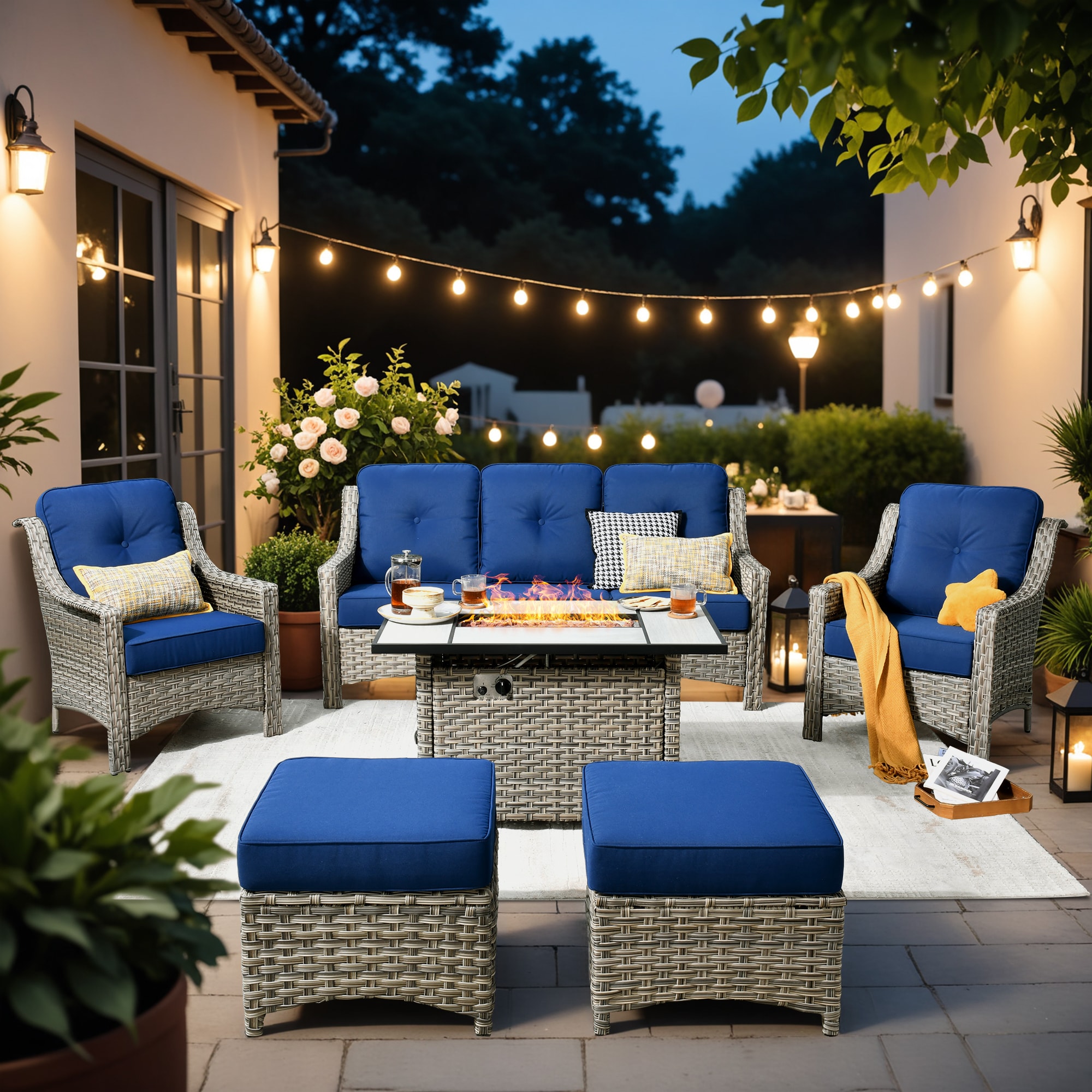 XIZZI XIPAD7164-CFP Pyrophyllite 6 -Piece Rattan Patio Sofa Conversation Set with Blue Cushions