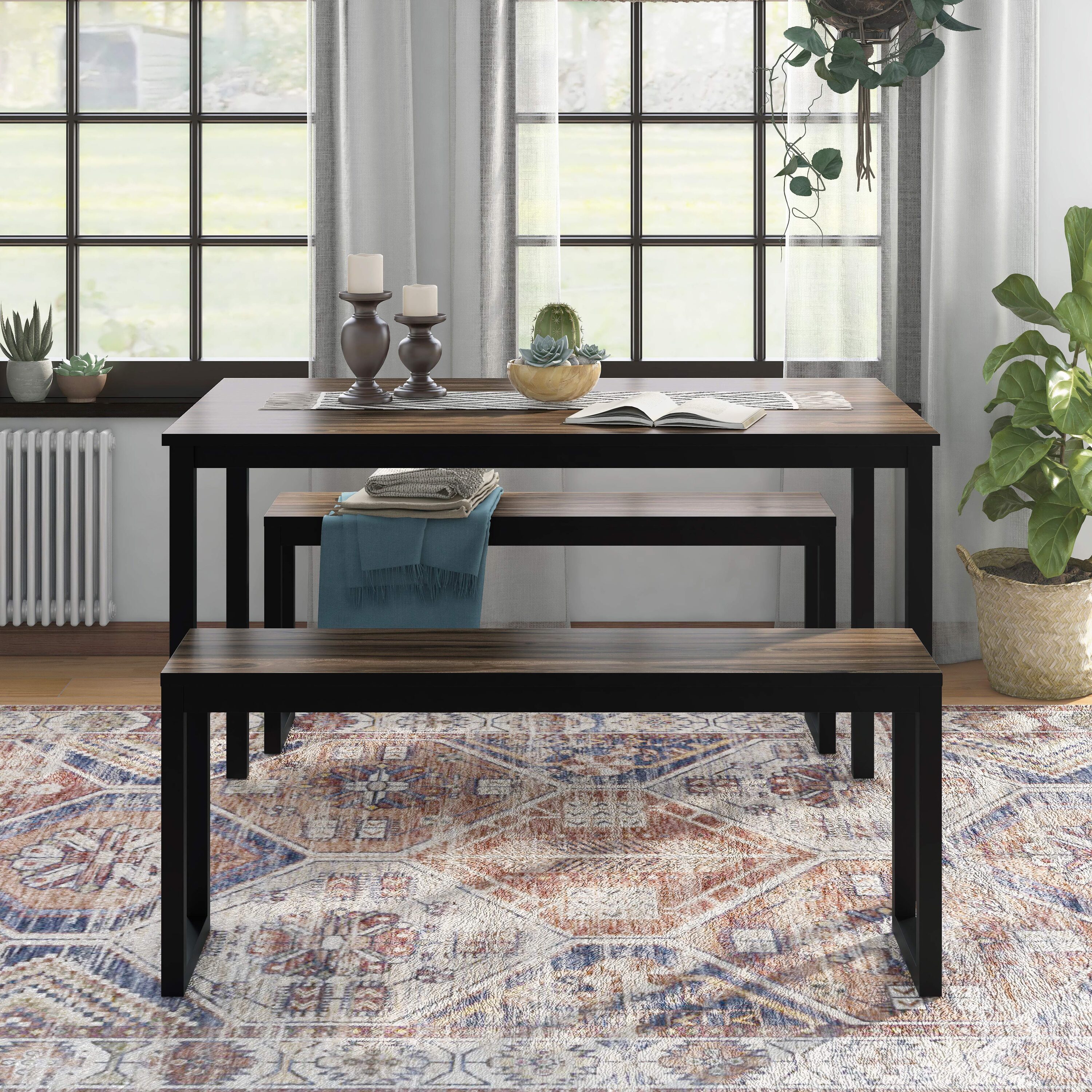 Furniture of America IDF3202A-T-3PK Elfalla Walnut and Black Transitional Dining Room Set with Rectangular Table ( Seats 4 )