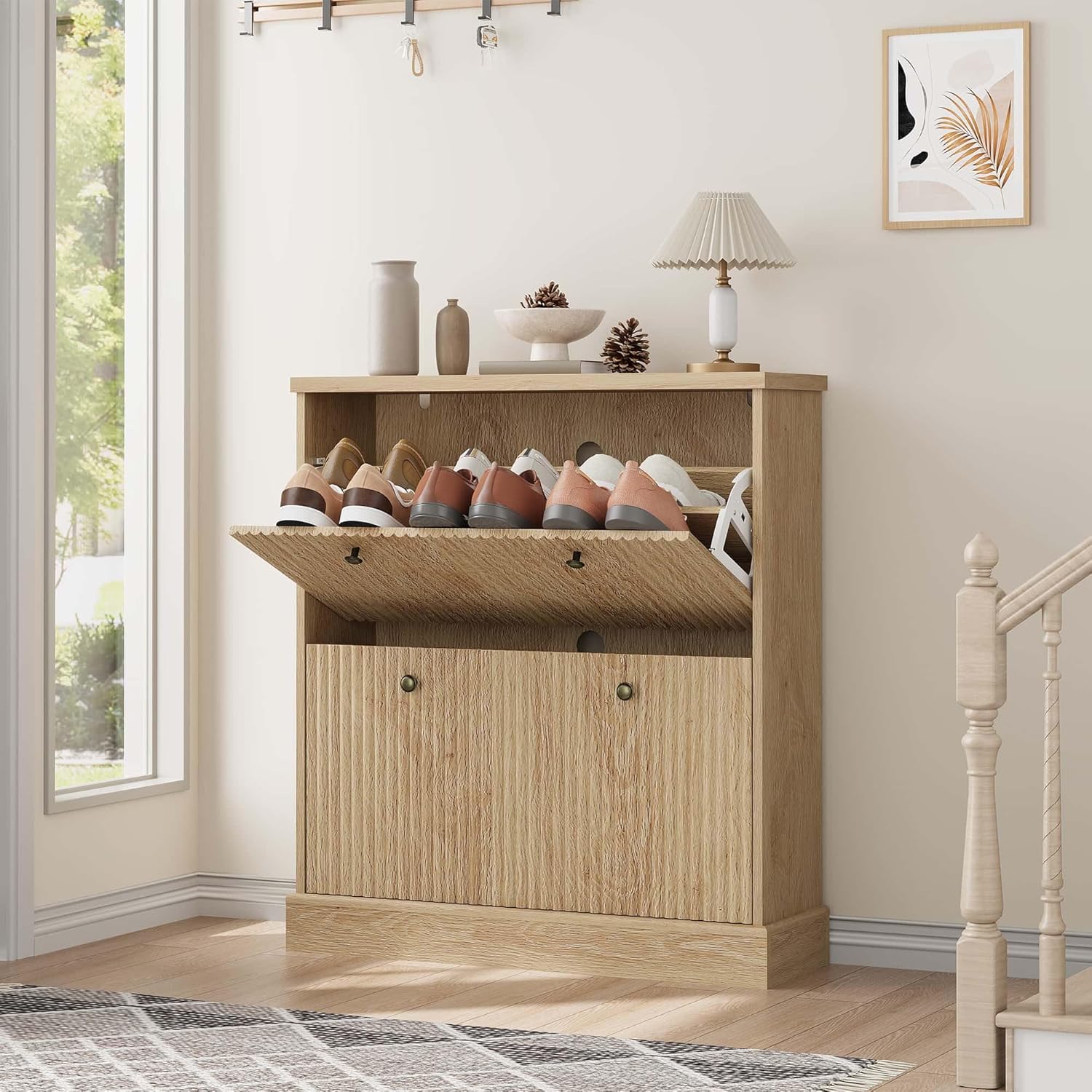 Garvee Shoe Cabinet with 2 Flip Drawers Hidden Wooden Fluted Shoe Cabinet with Adjustable Shelf Freestanding Shoe Storage Cabinet for Entryway Hallway Living Room Natural Oak