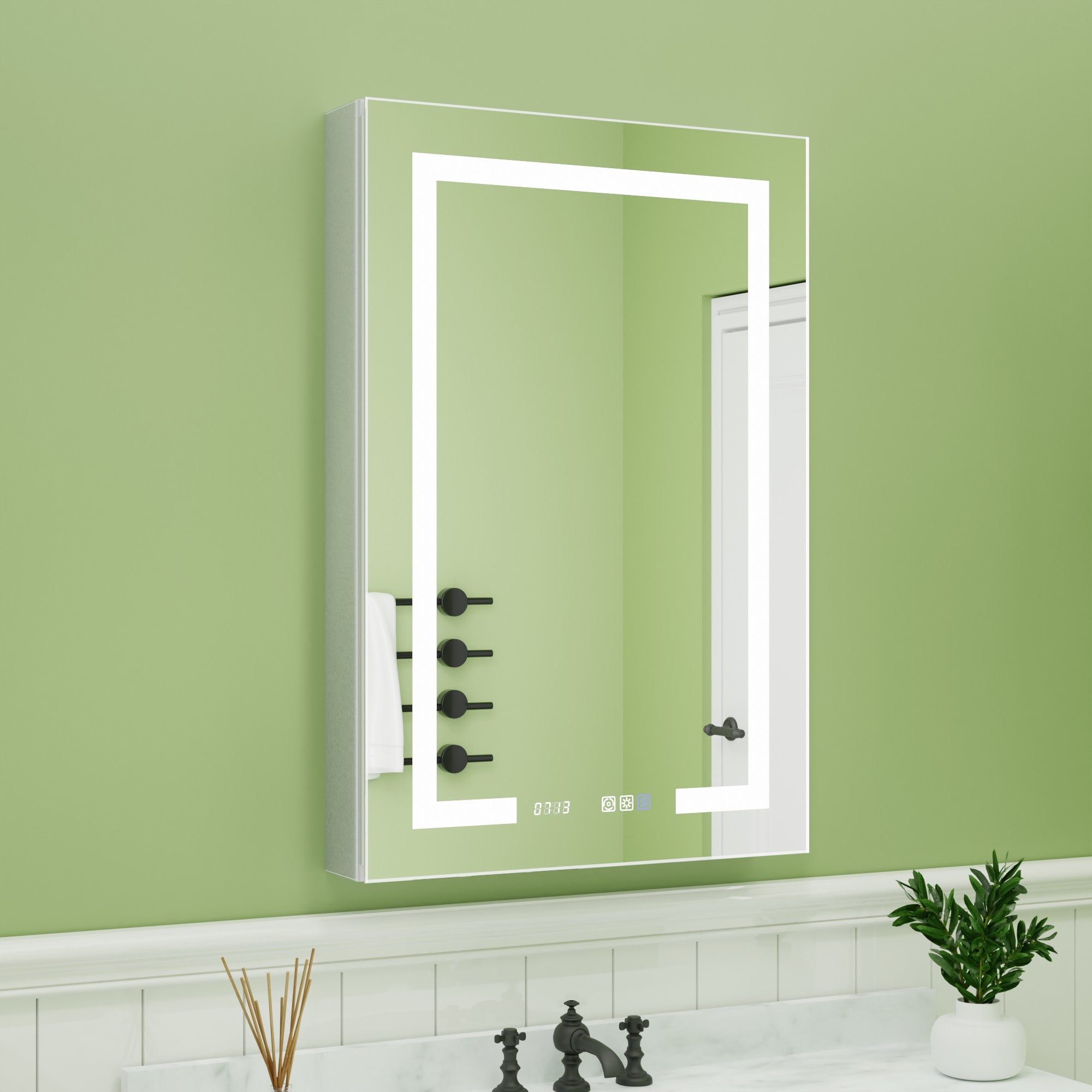 ExBrite MC2436V11RX Viridia 24-in x 36-in Lighted LED Fog Free Surface/Recessed Mount Silver Mirrored Rectangle Soft Close Medicine Cabinet with Outlet
