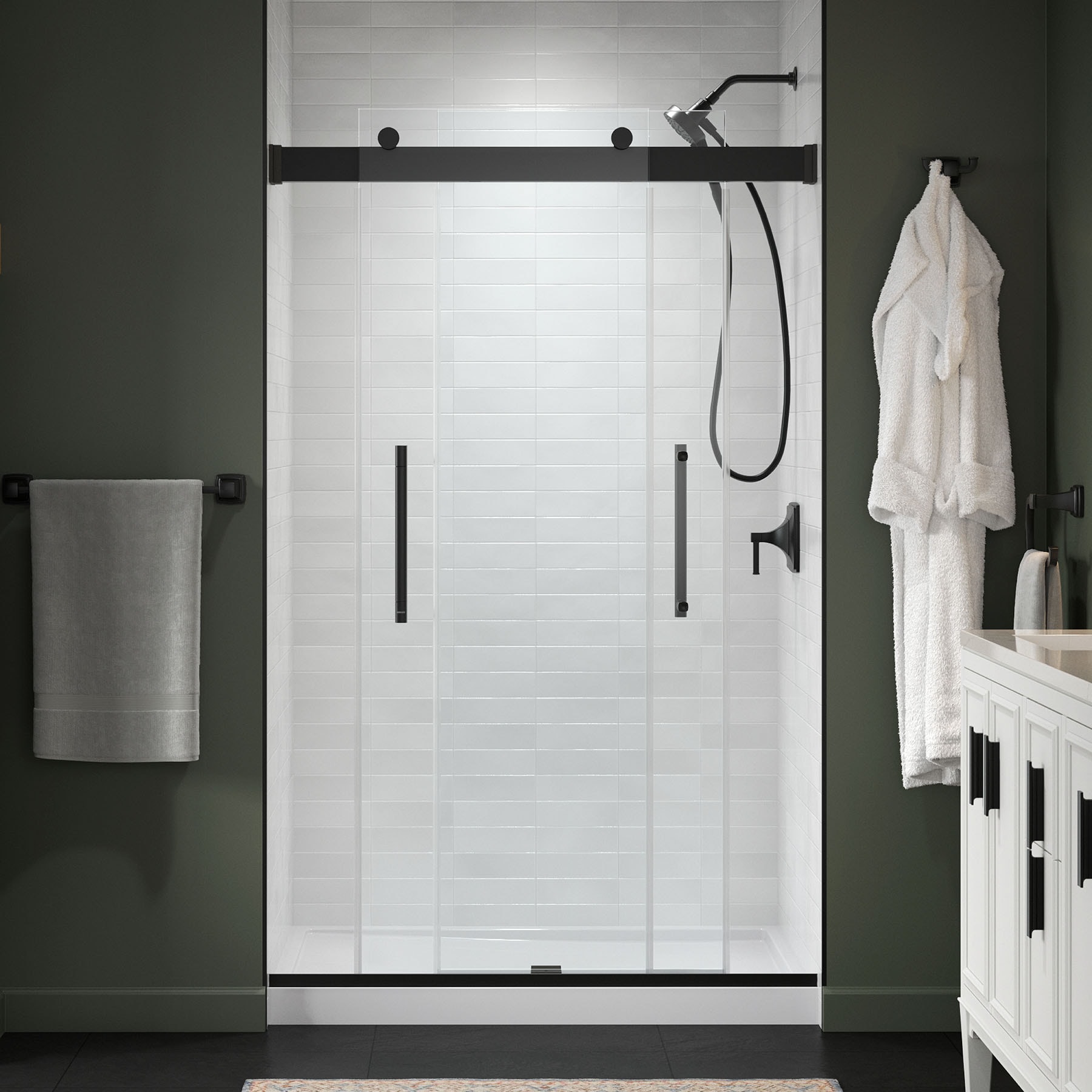 KOHLER 702475-8L-BL Premise Matte Black 44-in to 48-in W x 75.75-in H Frameless Bypass Sliding Soft Close Shower Door 5/16-in Thick Clear Glass