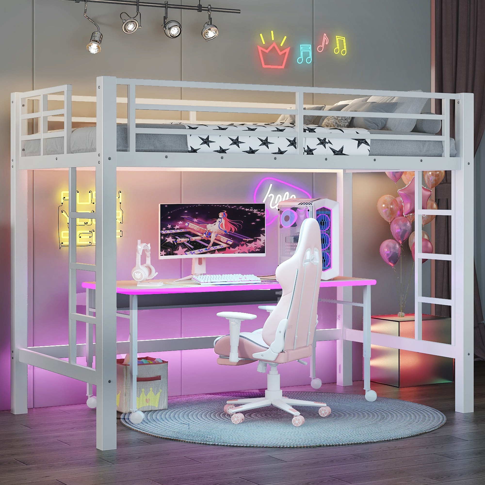 Bellemave - Twin Size Metal Loft Bed Loft Bed with Easy Climbing Ladder and Guardrails Heavy Duty...