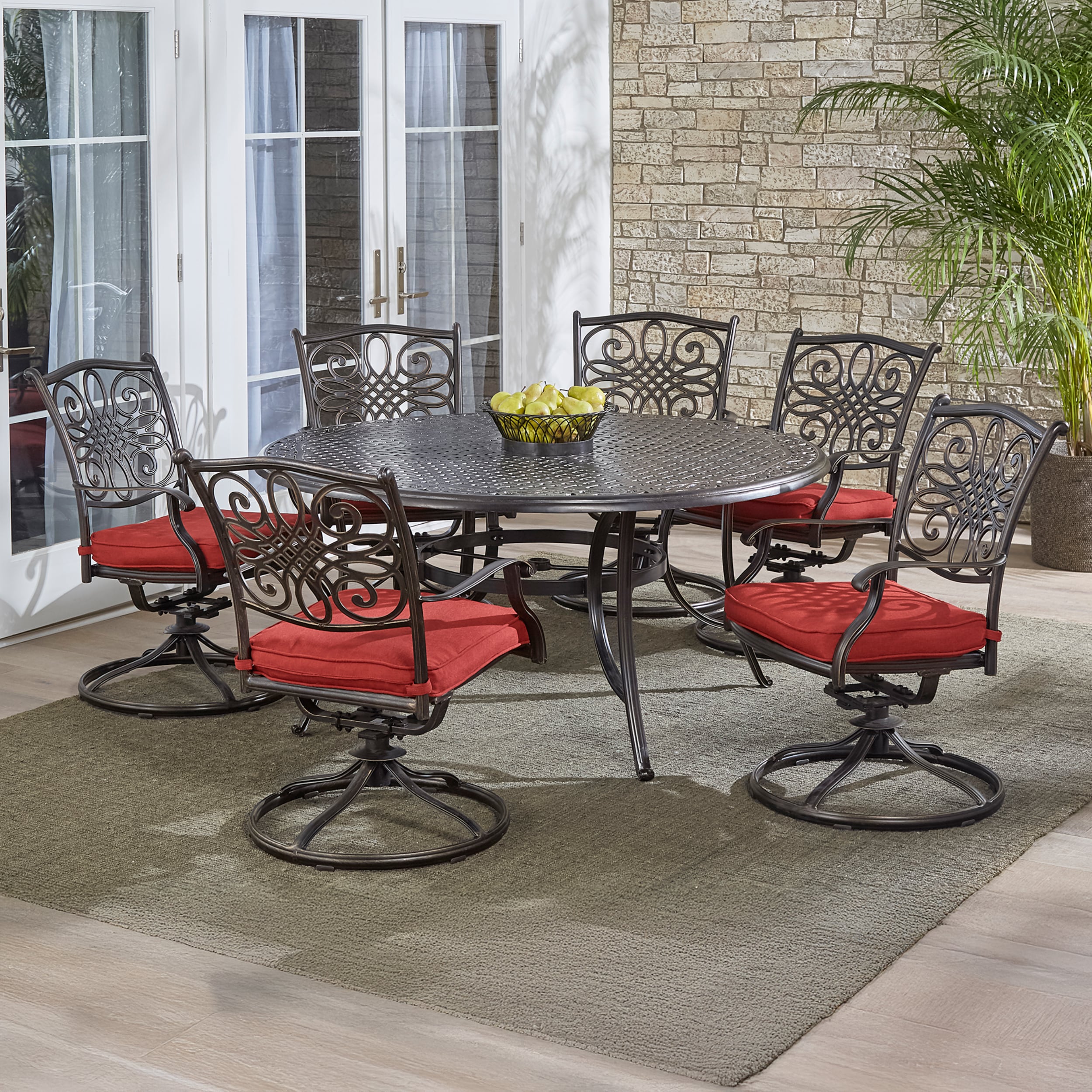 Classic Round Aluminum Outdoor Dining Set with Red Cushions