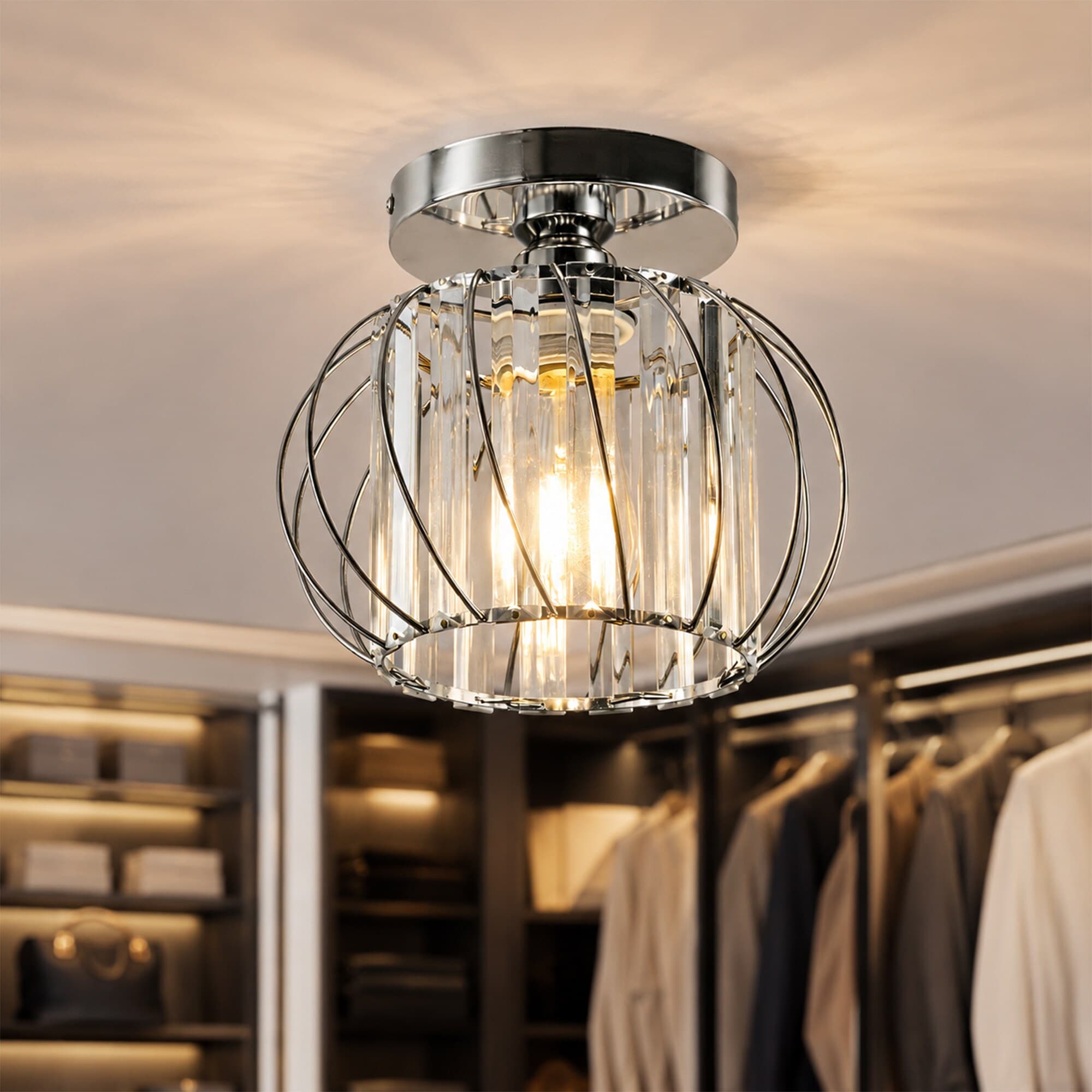 Jandcase Single Light Chrome Flush Mount Ceiling Light with Geometric Crystal Strips