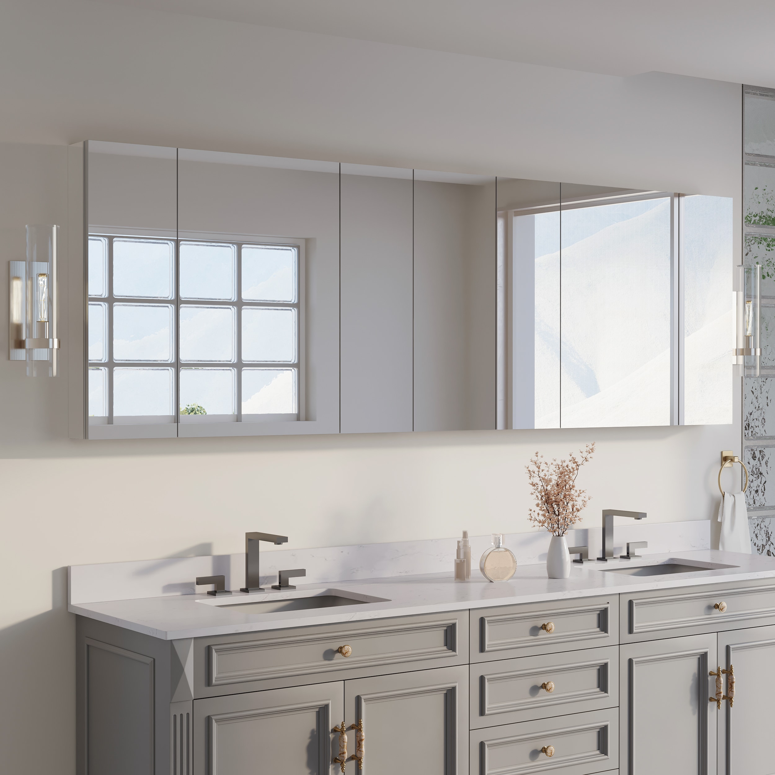 ANGELES HOME  92-in x 30-in Surface/Recessed Mount Aluminum Modular 3-Door Bathroom Medicine Cabinet with Soft Close Hinges