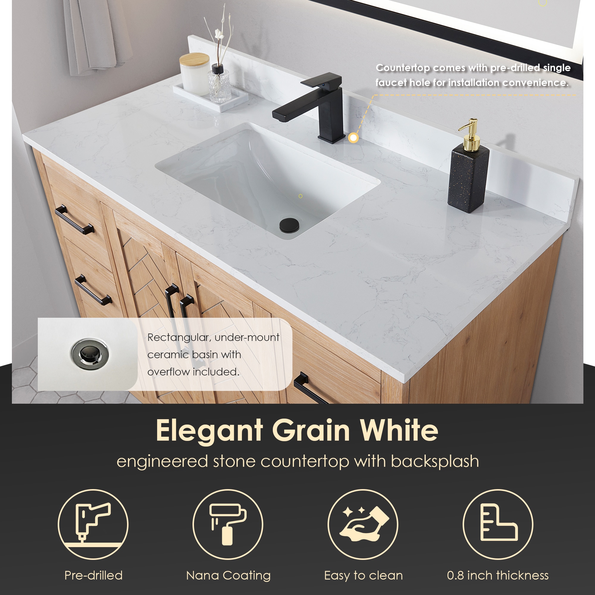 Anais Light Brown Wood Bathroom Vanity with White Stone Countertop, 48 inch