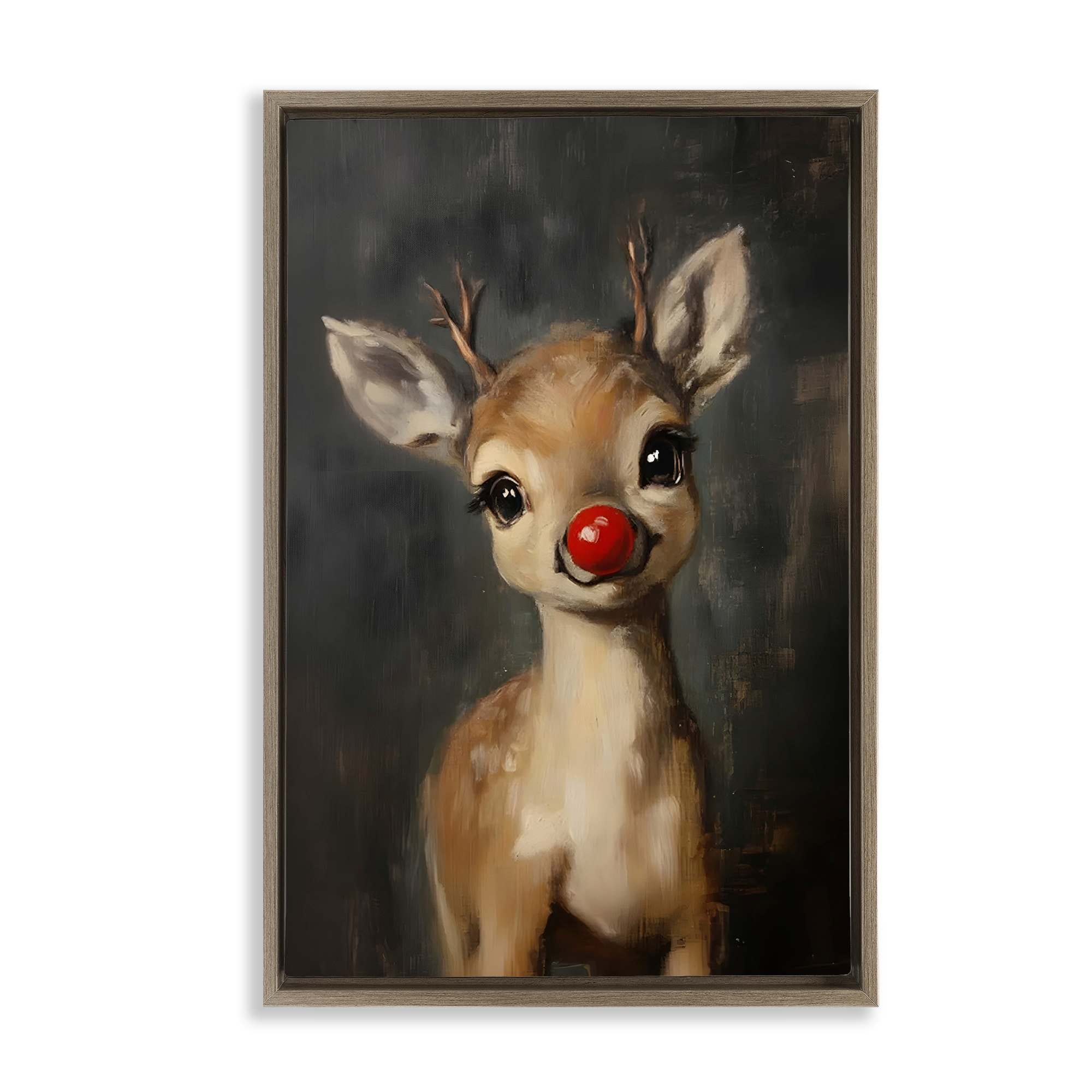 Stupell Industries Red Nose Baby Reindeer Brown Floating Frame Canvas Art 17 x 25
