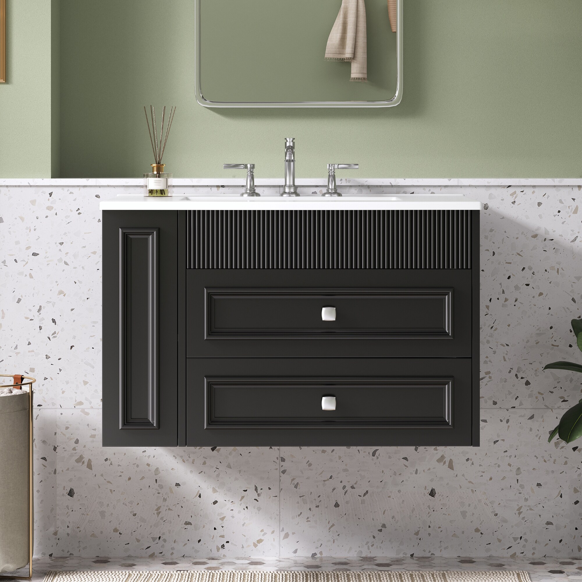 Afhocomp 30.00 in. Single Sink Wall-mount Black Bath Vanity with White Integral Ceramic Basin