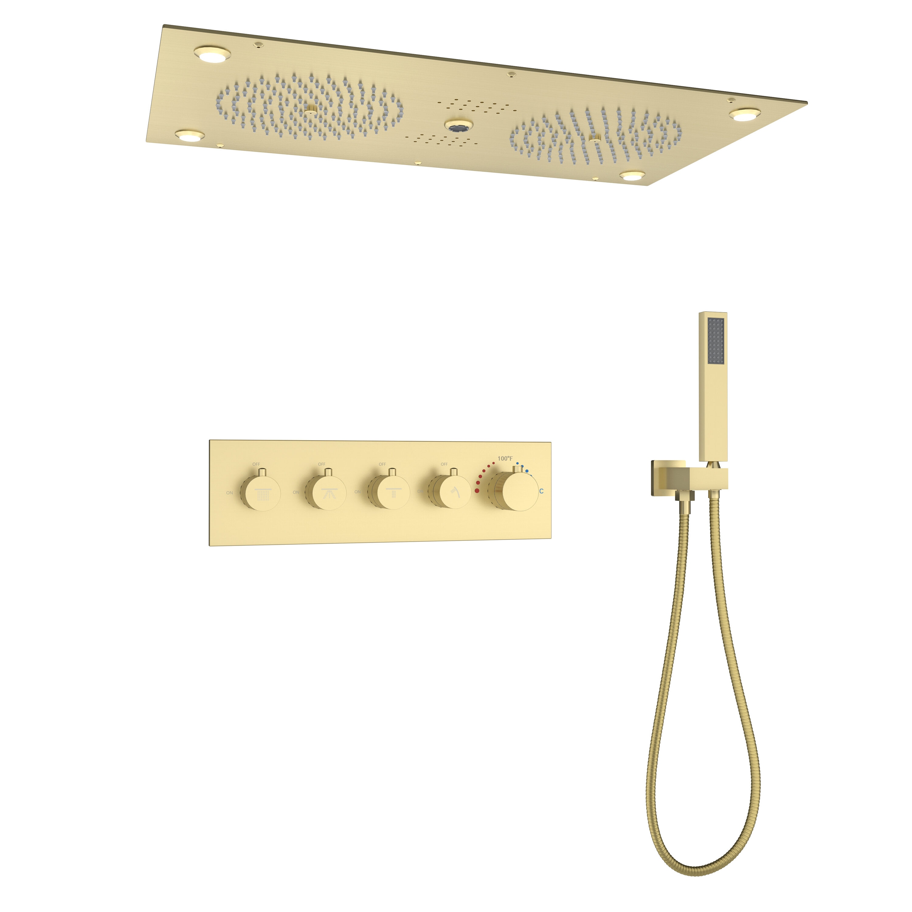 CASAINC CA-A4381-BG 28"X15" 4-Function Flush Mounted Thermostatic Shower System Brushed Gold 15-in Built-In Shower Faucet System with 3-way Diverter ( Thermostatic Valve Included )