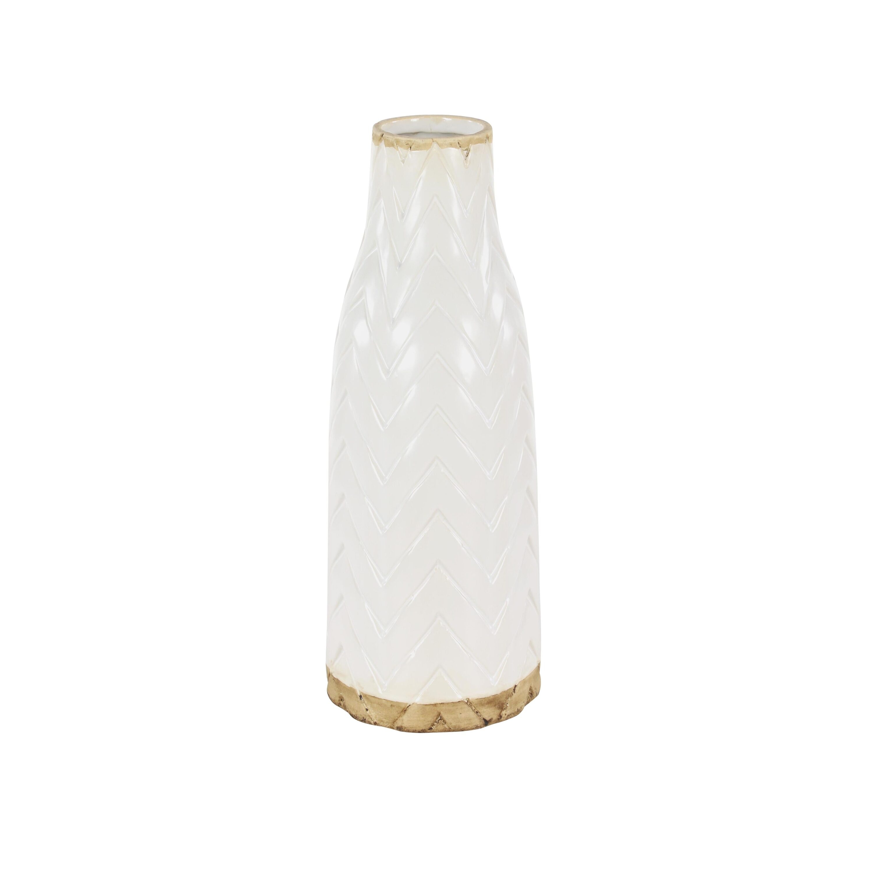 White Chevron Pattern Ceramic Vase with Brown Base, 12"