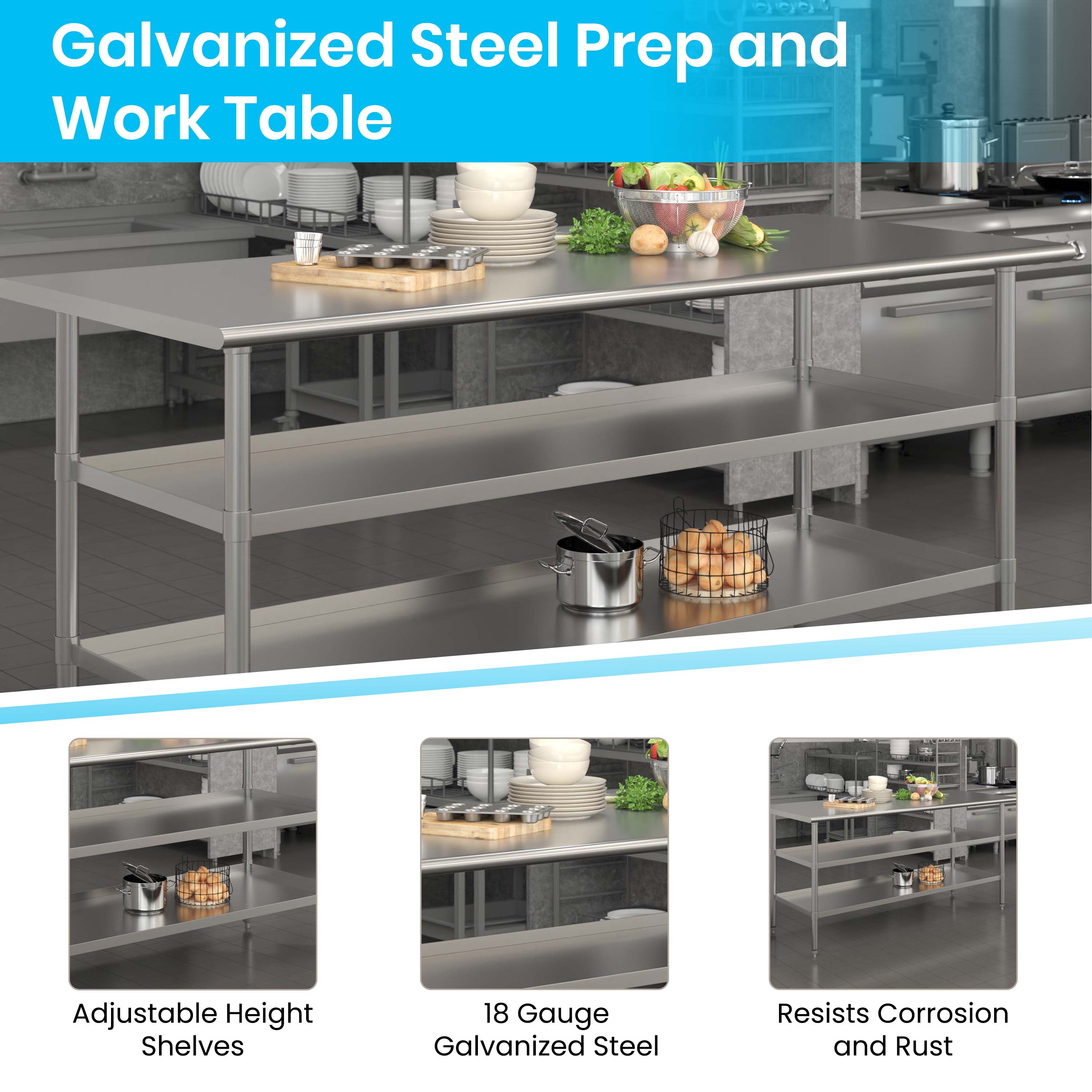 48" Silver Stainless Steel Kitchen Work Table with Backsplash and Shelves