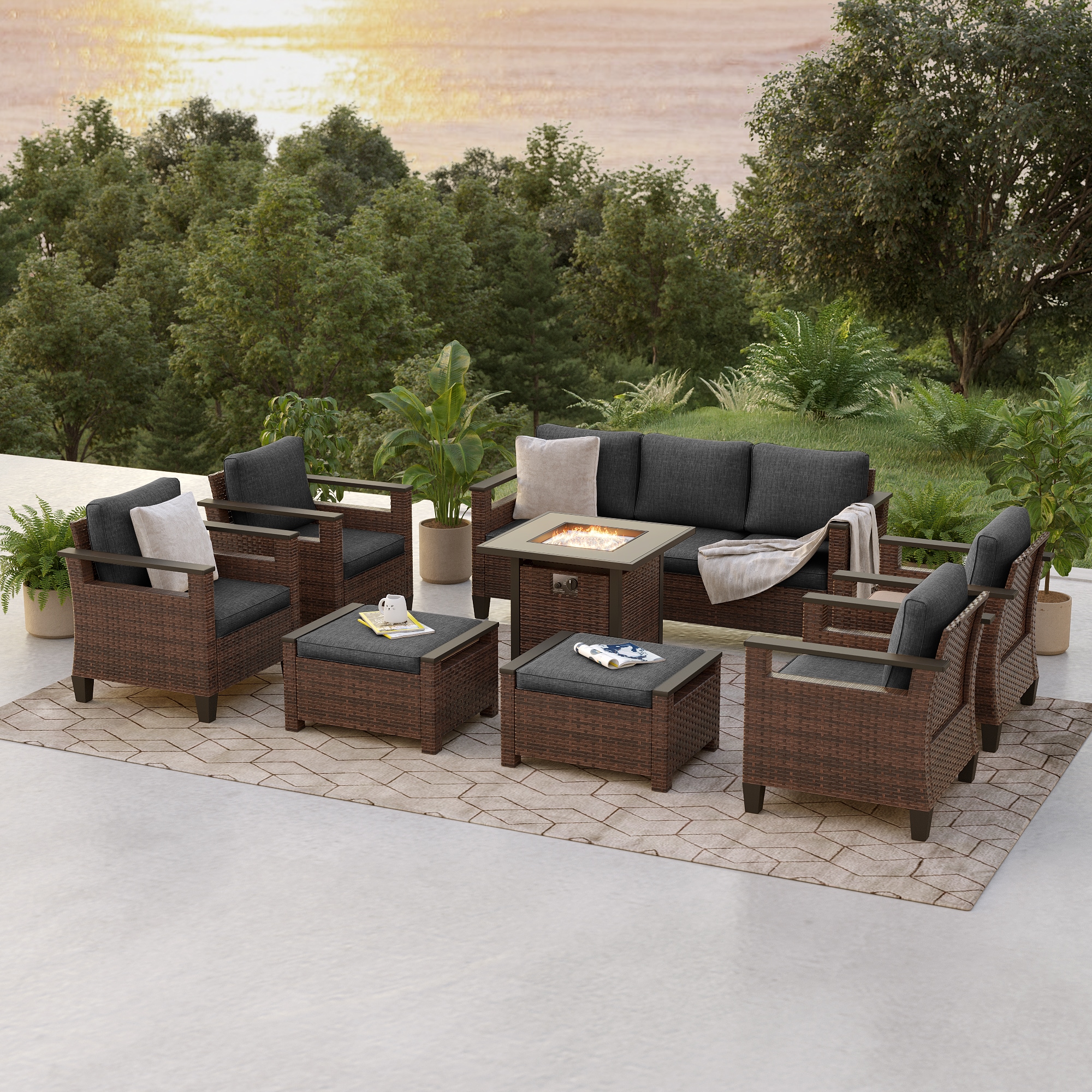 ACEGOSES LW-126BBK-S2T4 Skytop 8 -Piece Wicker Patio Sofa Conversation Set with Black Cushions