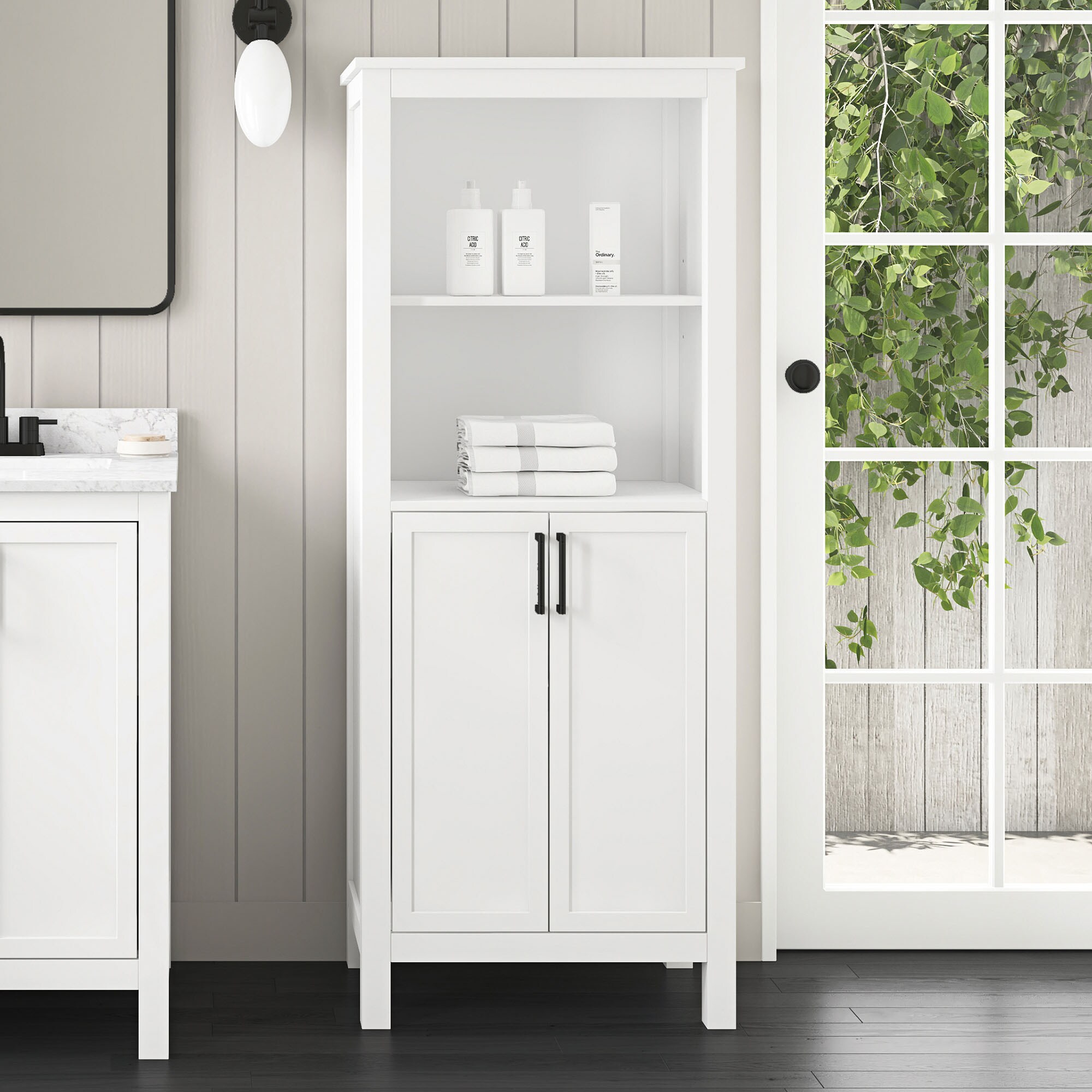 allen + roth Lenoir 24-in x 60-in x 16-in Swan White Freestanding Soft Close Linen Cabinet