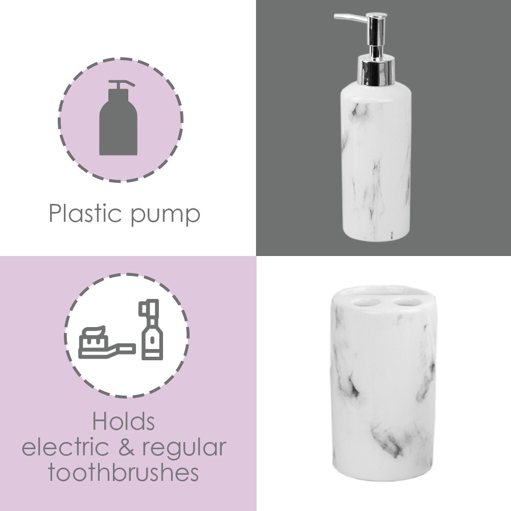 Modern Marble Soap Dispenser with Pump and Toothbrush Holder in White