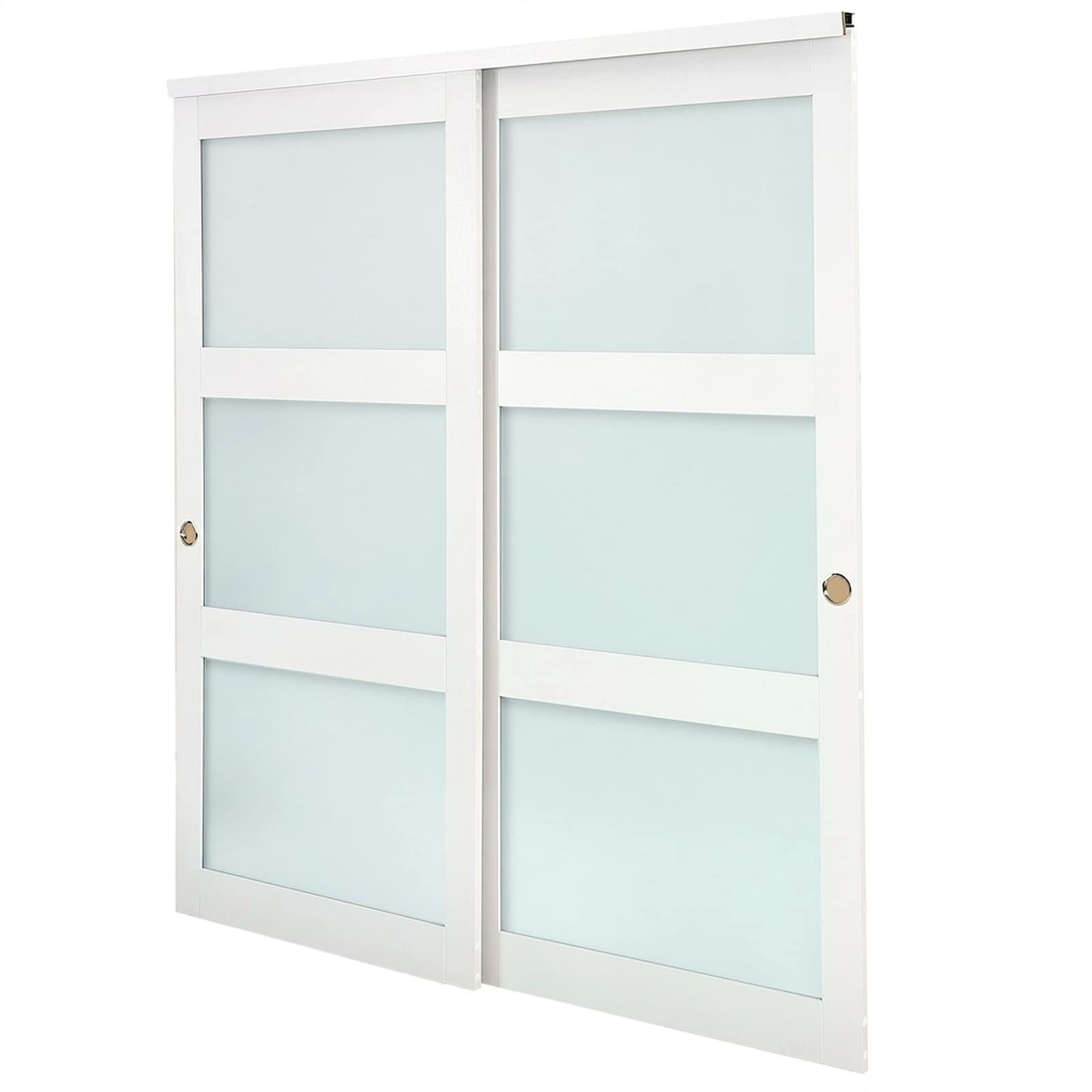 GIVIMO Sliding Closet Door 72 x 80 in 3-Lite Frosted Glass Bypass Sliding Doors with Hardware Kit and Floor Guide Solid Wood and MDF Slab with Waterproof PVC Surface White