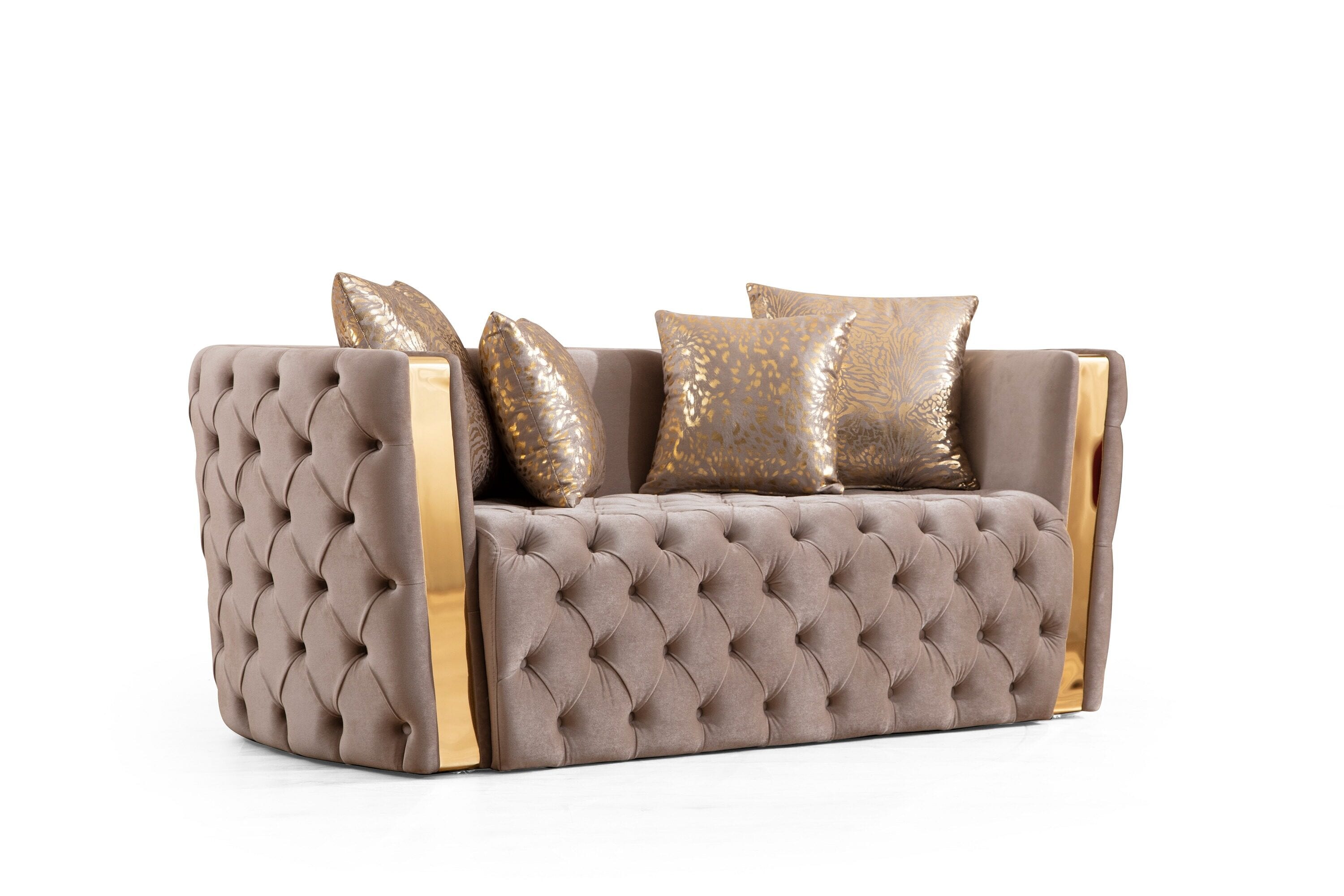Black Velvet Tufted Loveseat with Gold Accents and Solid Wood Frame