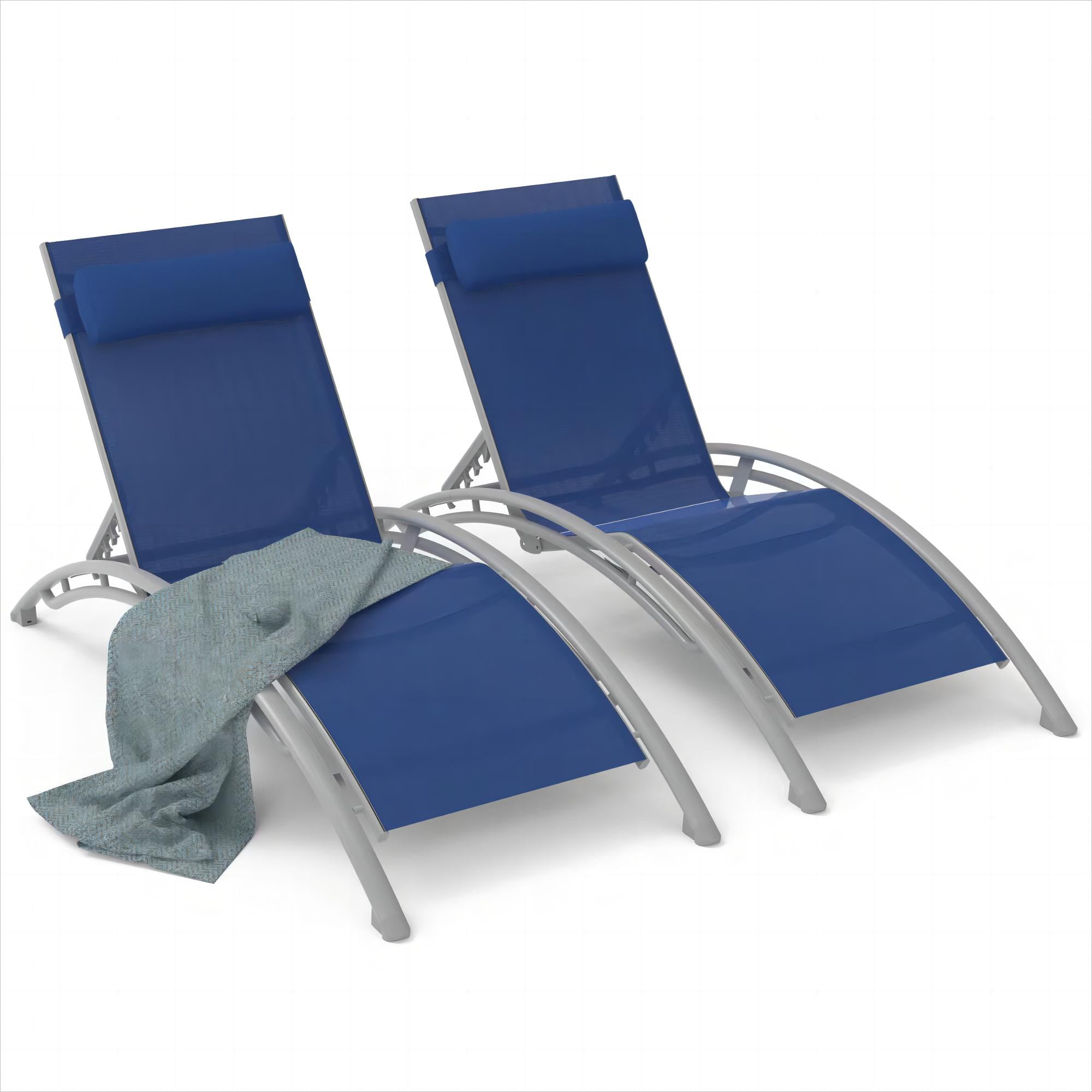 WELLFOR DOGN70508BK-2 Set of 2 Stackable Blue Aluminum Frame Stationary Chaise Lounge Chair with Blue Woven Seat