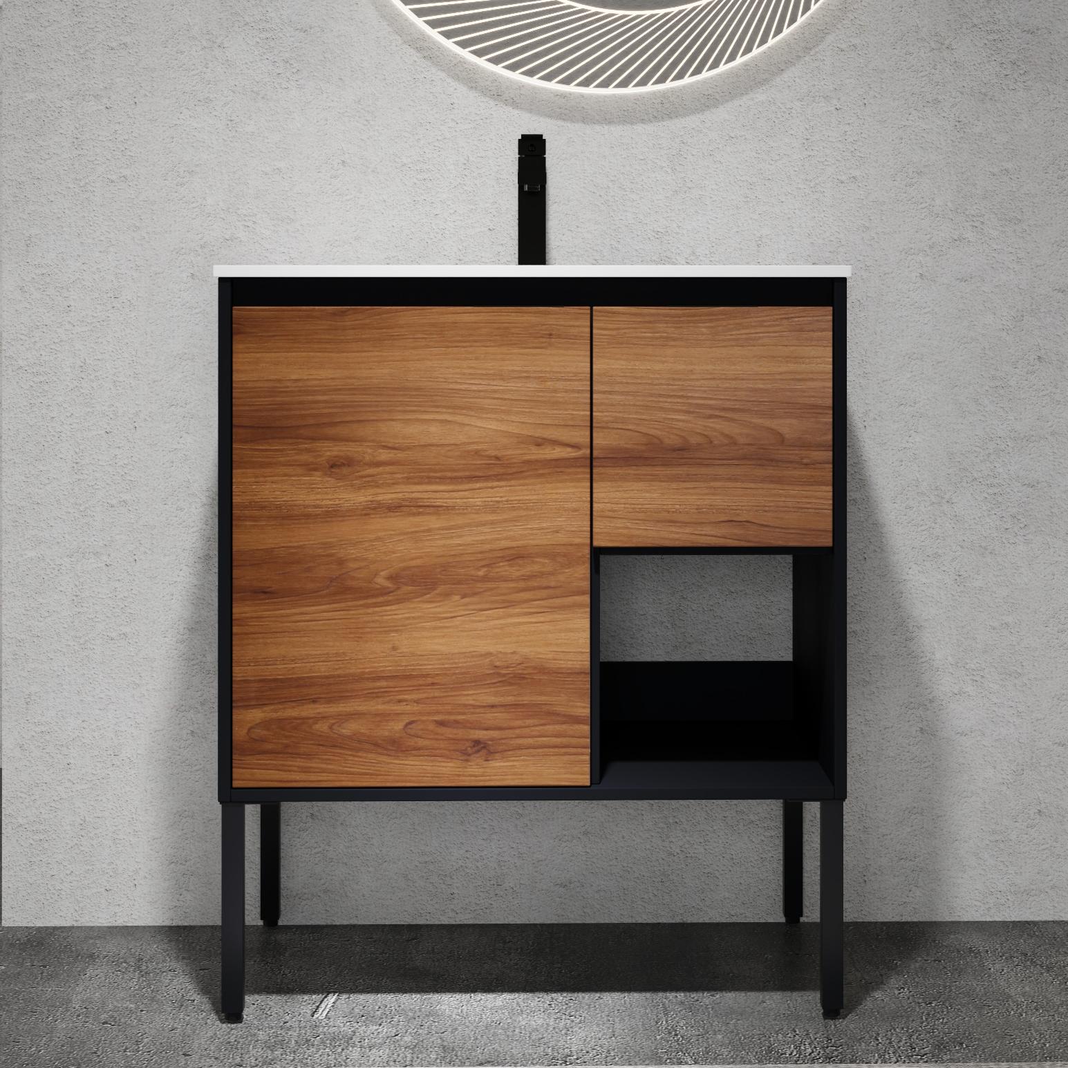 WELLFOR GLEM-28600059 30-in Brown Single Sink Bathroom Vanity with White Solid Surface Top