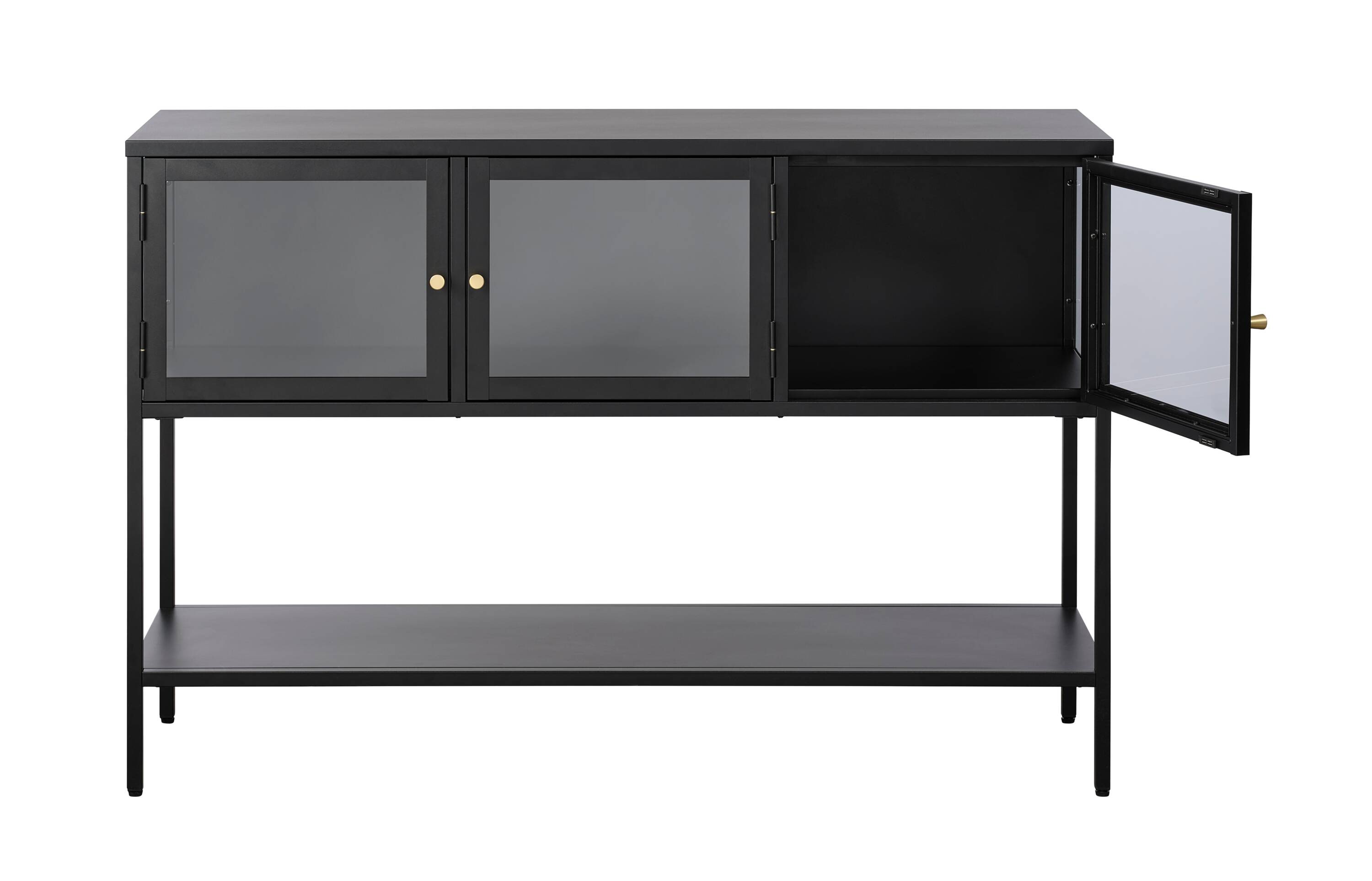 52-Inch Black Metal and Glass Sideboard with Brass Knobs