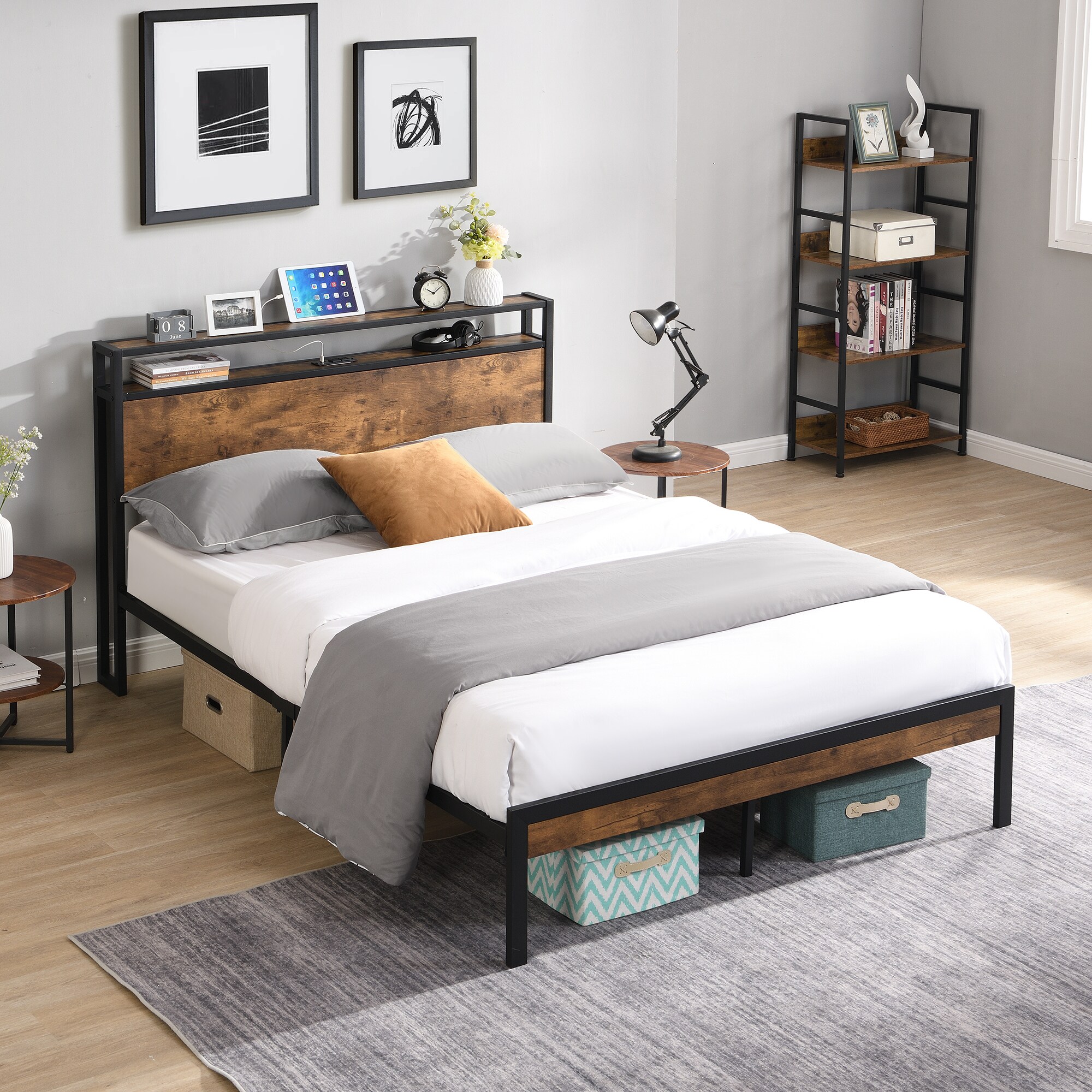 Vynxaria -  Full Black Metal Platform Bed Frame with Storage Headboard and Charging Station and F...