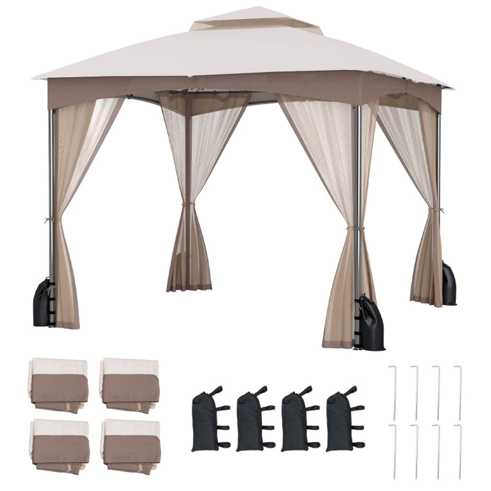 SUGIFT 10-ft x 10-ft Heavy-Duty Patio Gazebo with Removable Mesh Netting Walls 4 Sandbags and 8 Ground Stakes Double-Tier Vented Polyester Roof and Steel Frame for Backyard Party BBQ Wedding and Commercial Events Khaki