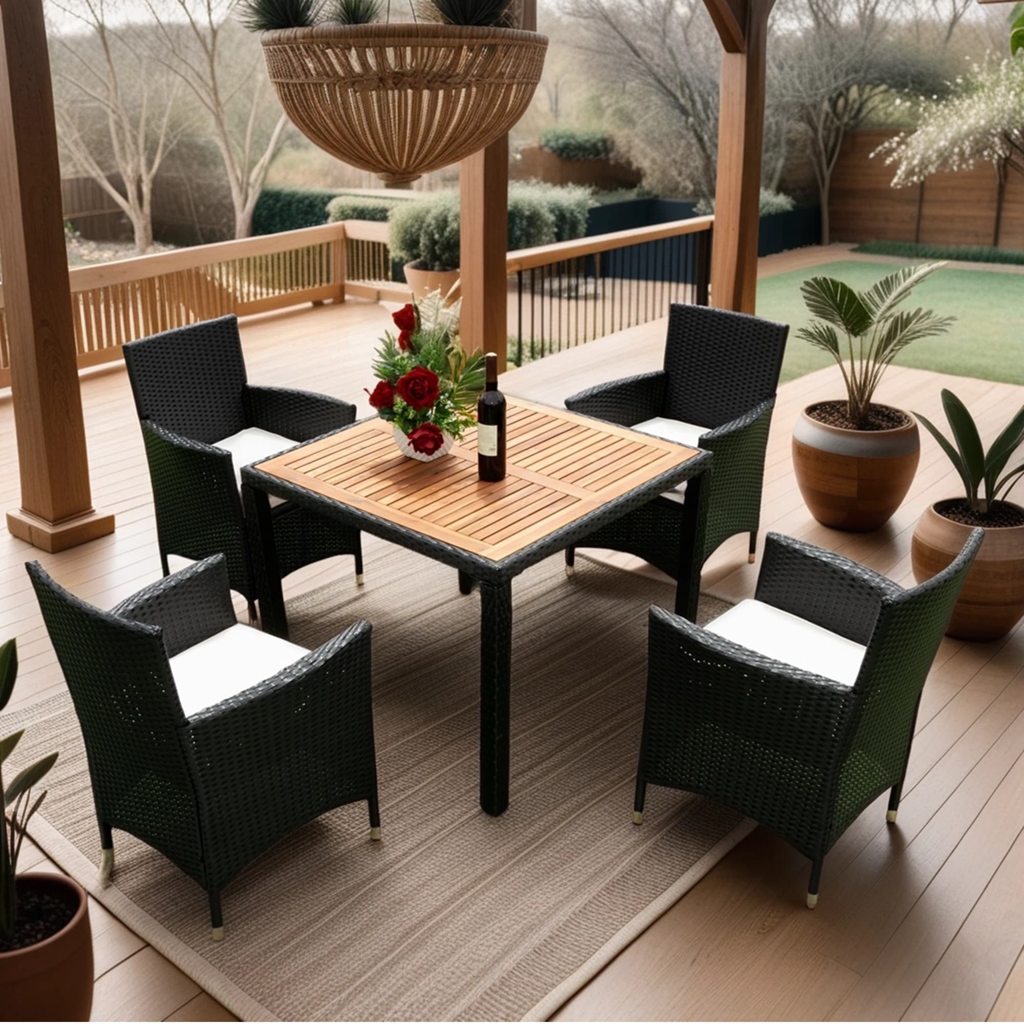 Mondawe MA-GCS039BK 5 -Piece Black Wicker Patio Dining Set Wood Square Table with 4 Off-white Cushions Stationary Chairs