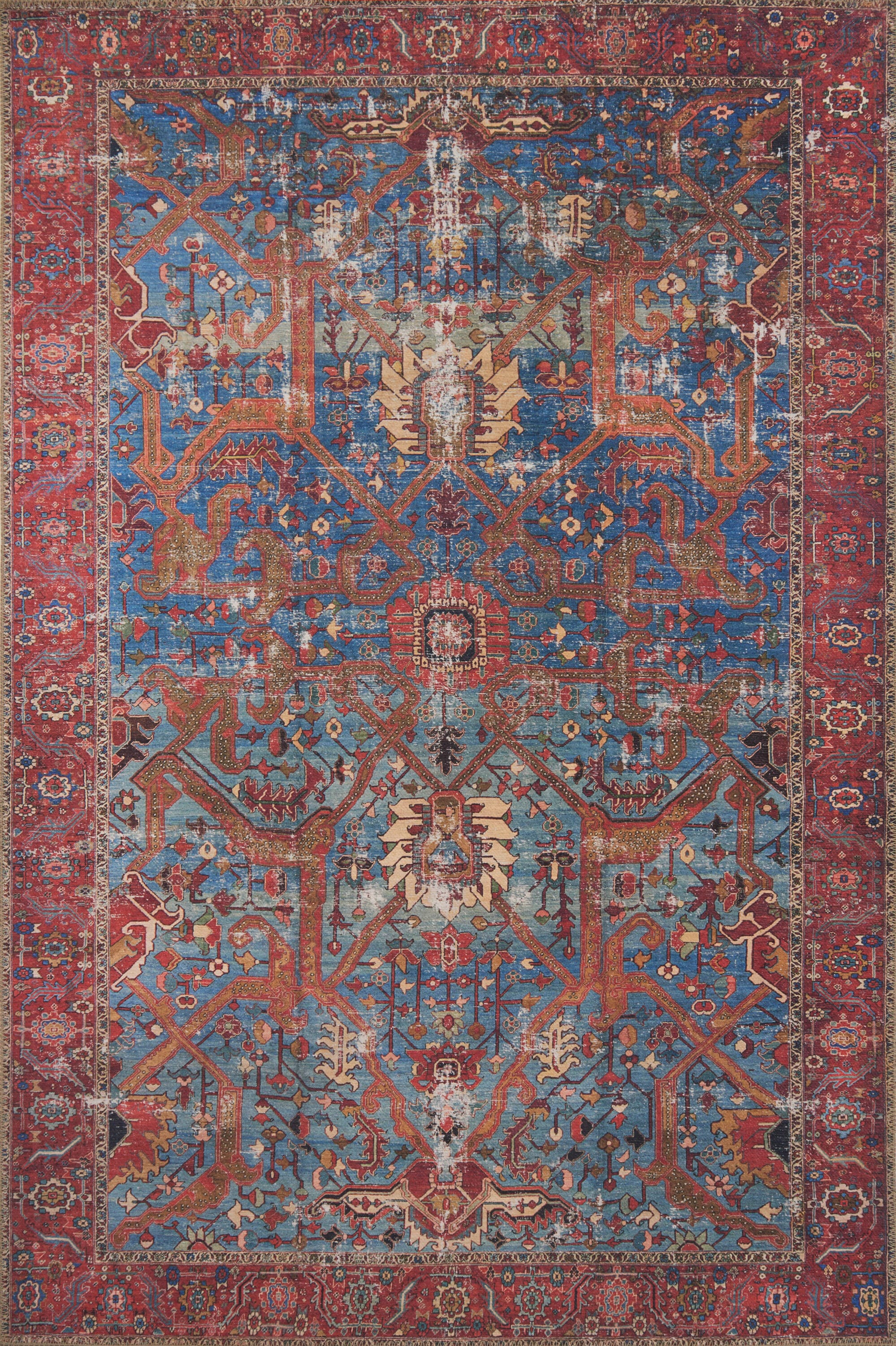 Loloi II LORELQ-10BBRE7696 Loren 8 x 10 (ft) Loomed Polyester Blue / Red Rectangular Indoor Distressed/Overdyed Oriental Area rug