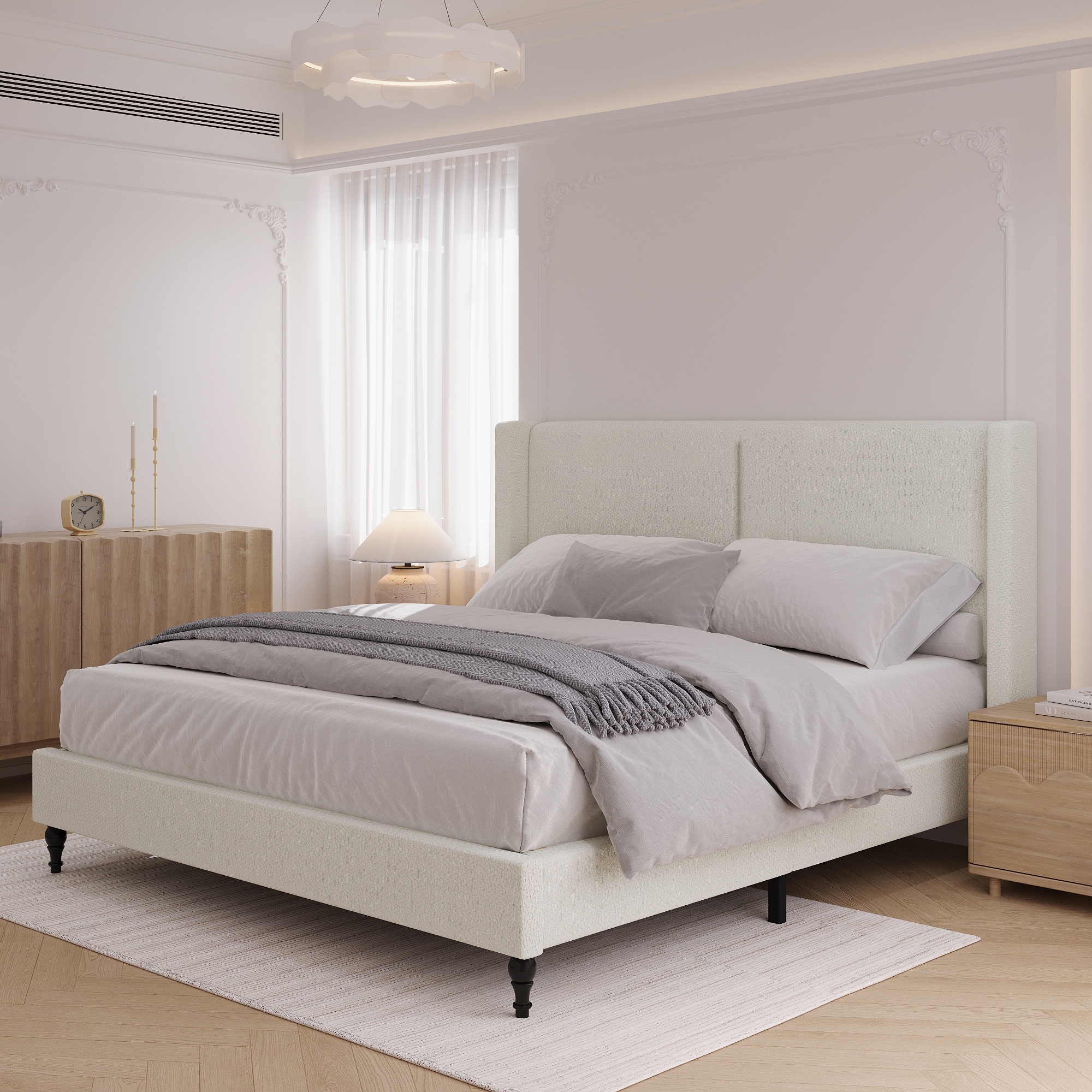 GDFStudio White King Size Bed Frame with 55.5 inches High Back Upholstered Headboard with Thickened Side Panels