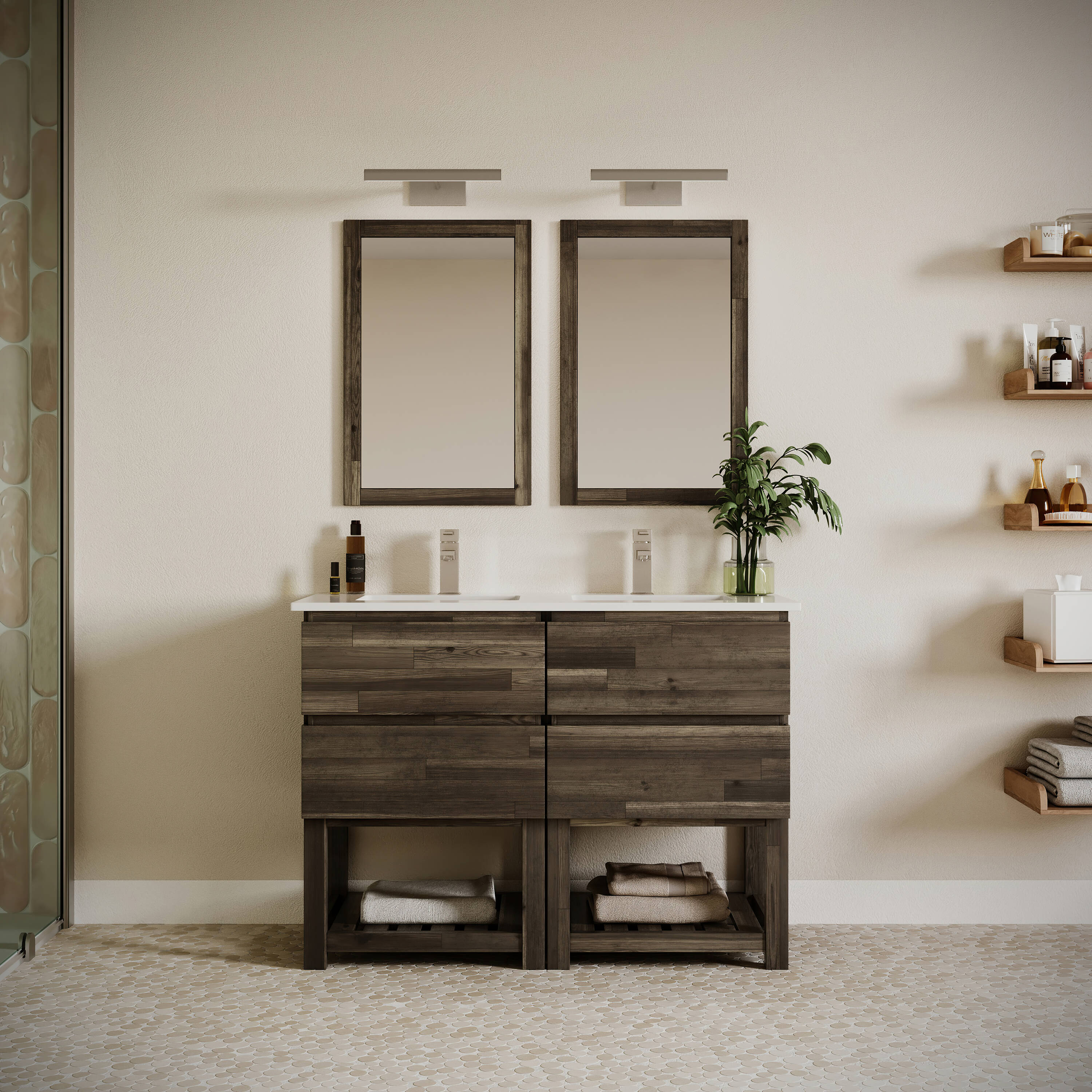Fresca FVN31-2424ACA Formosa 48-in Acacia Wood Undermount Double sink Floating Bathroom Vanity with White Quartz Top (Mirror Included)