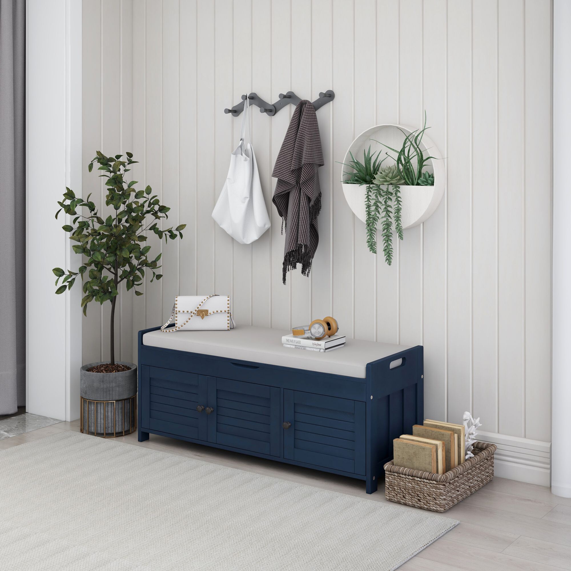 Clihome Old World/Vintage Blue Storage Bench with Storage 43.5-in x 16-in x 18-in