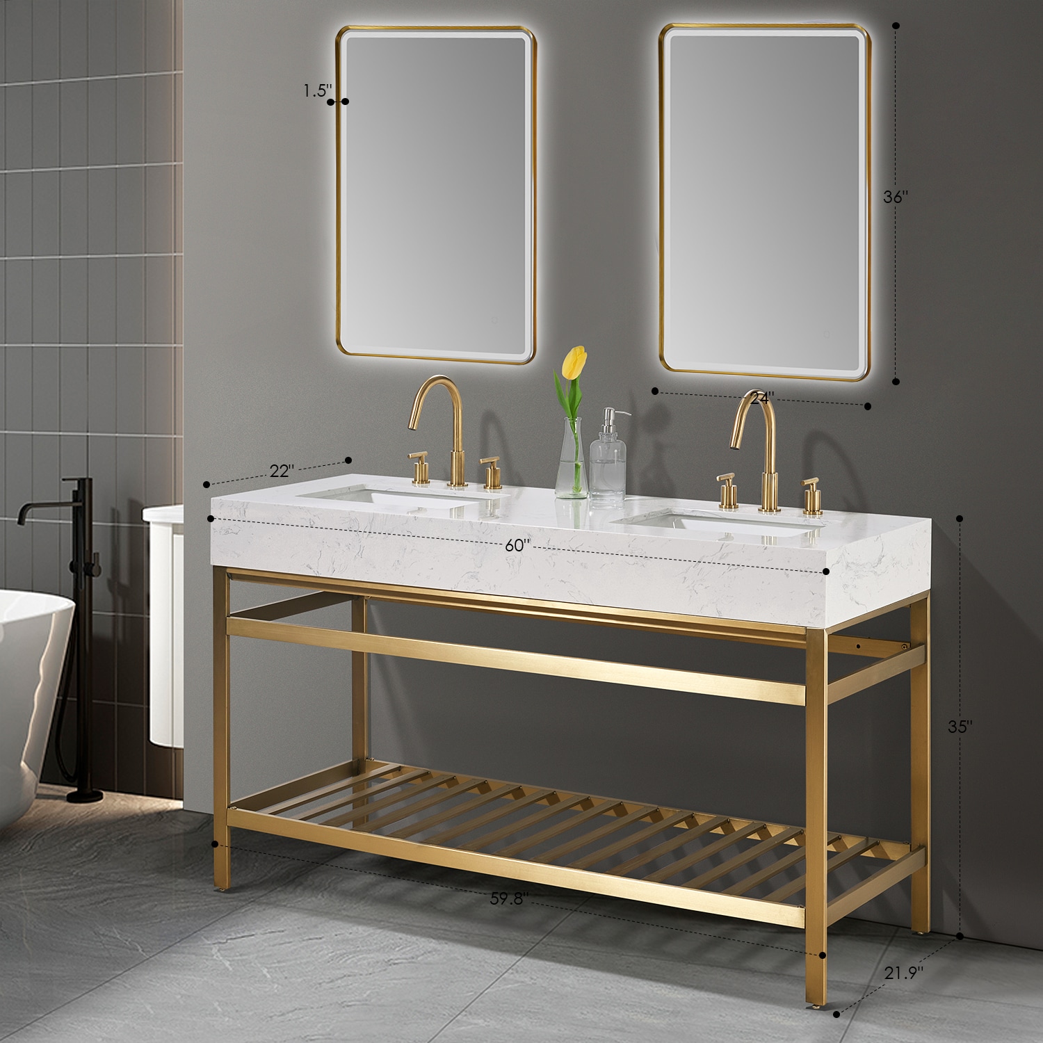 Altair Merano 60 in Brushed Gold Undermount Double Sink Bathroom