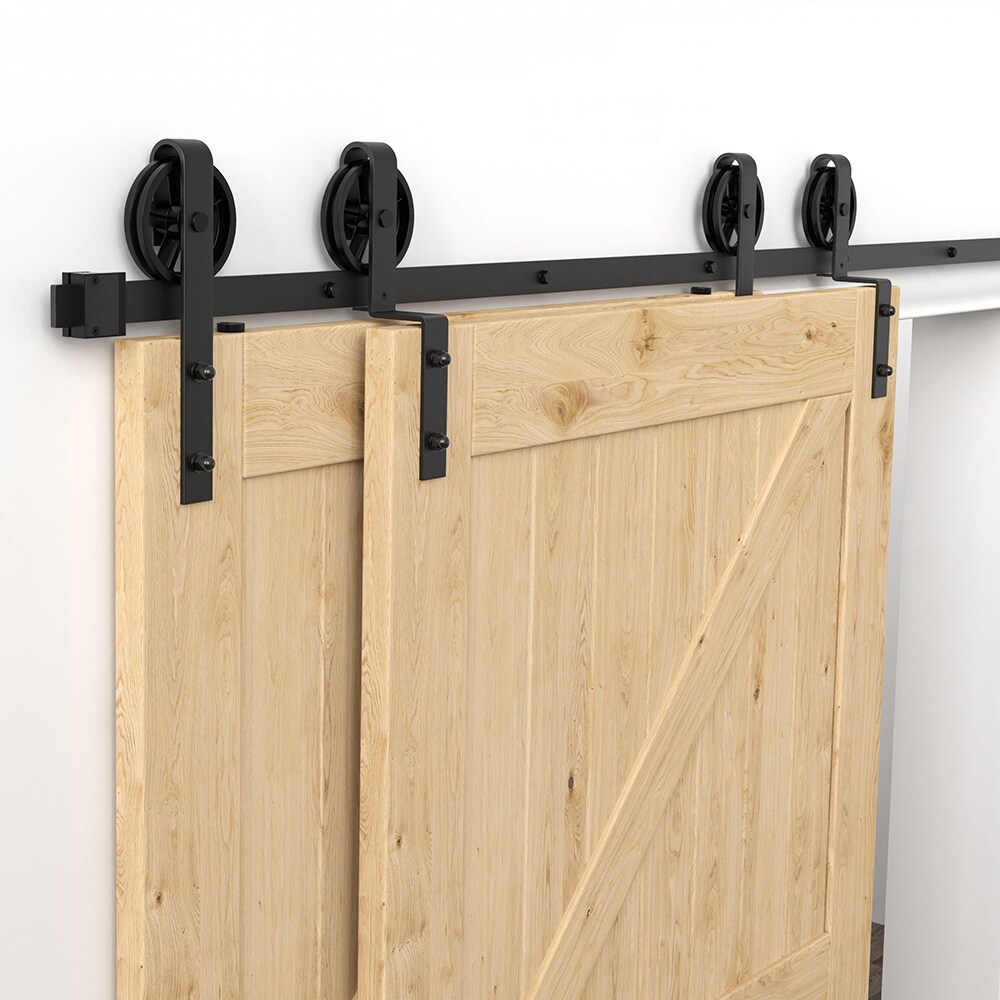 WINSOON 72-in Matte Black Indoor Spoke Wheel Single Bypass Barn Door ...