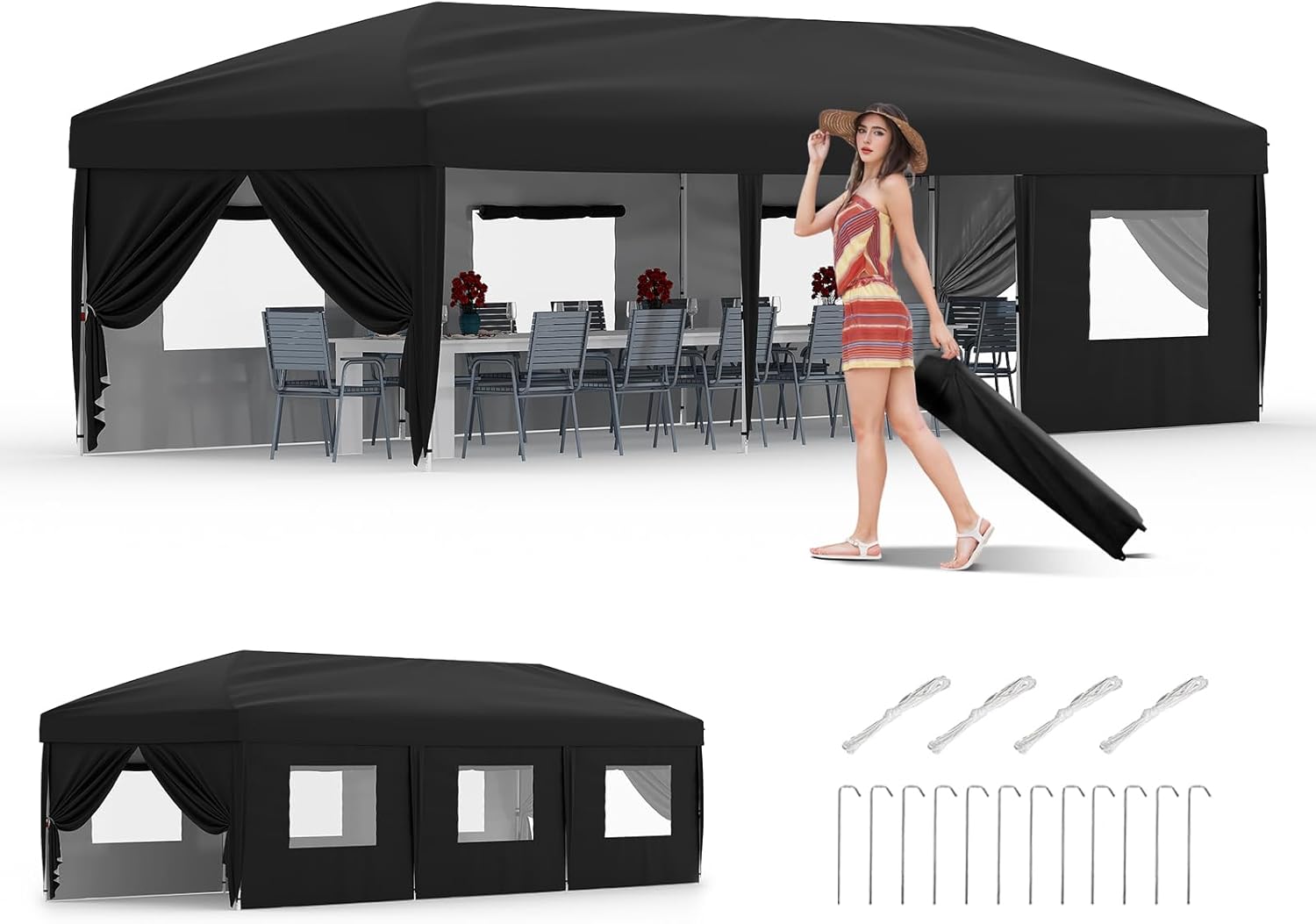 Garvee 10x30 Ft Pop Up Canopy Tent - Heavy Duty Shelter with 8 Sidewalls 3 Heights Tool-Free for Camping and Parties Black