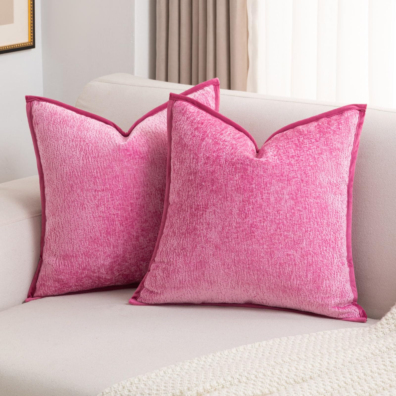 CYIKE  Hot Pink Chenille Throw Pillow Covers Set of 2 18 by 18 Inch Soft Cozy Cushion Cases with Hidden Heart Zipper for Couch Bed Living Room