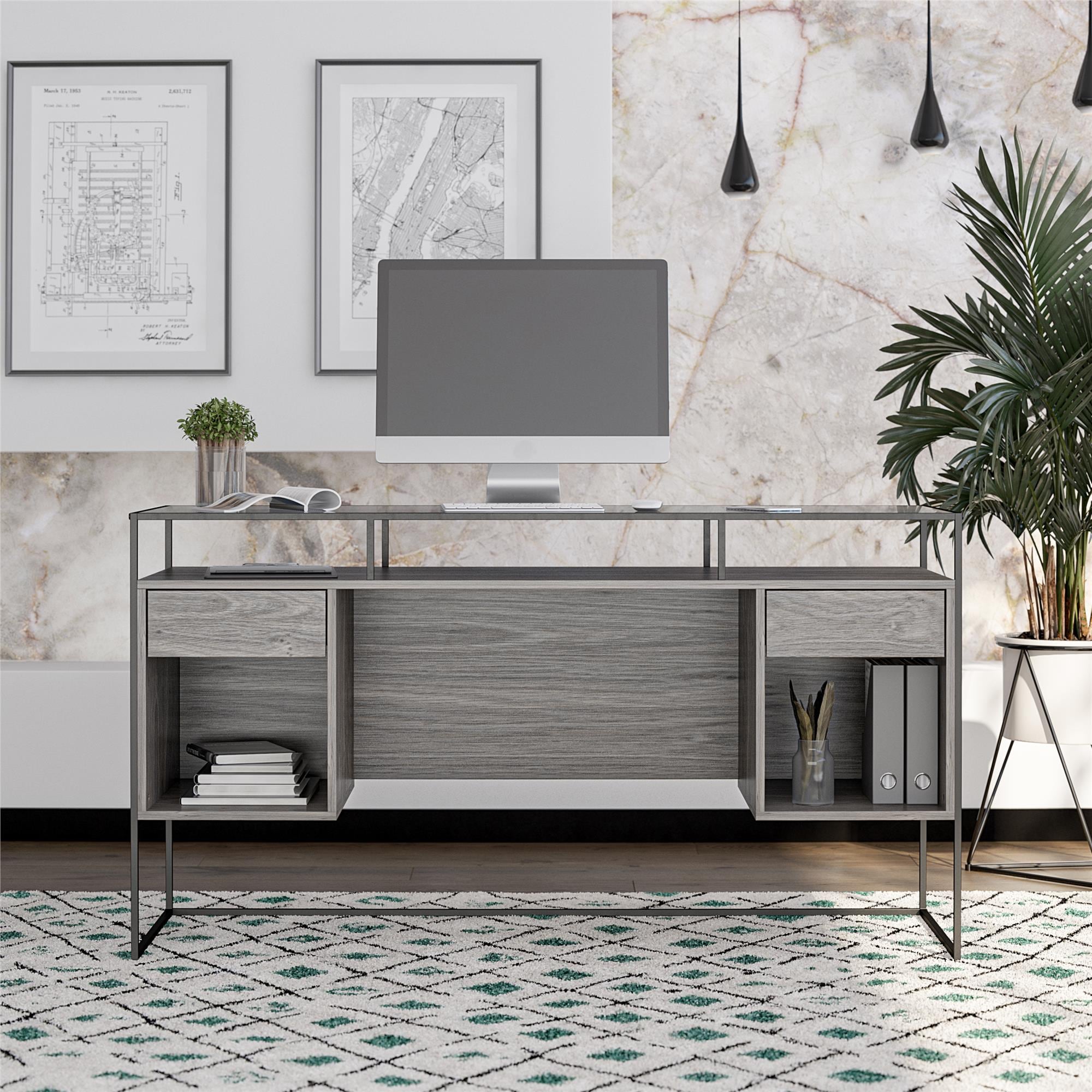 Gray Oak and Glass Modern Desk with Drawers