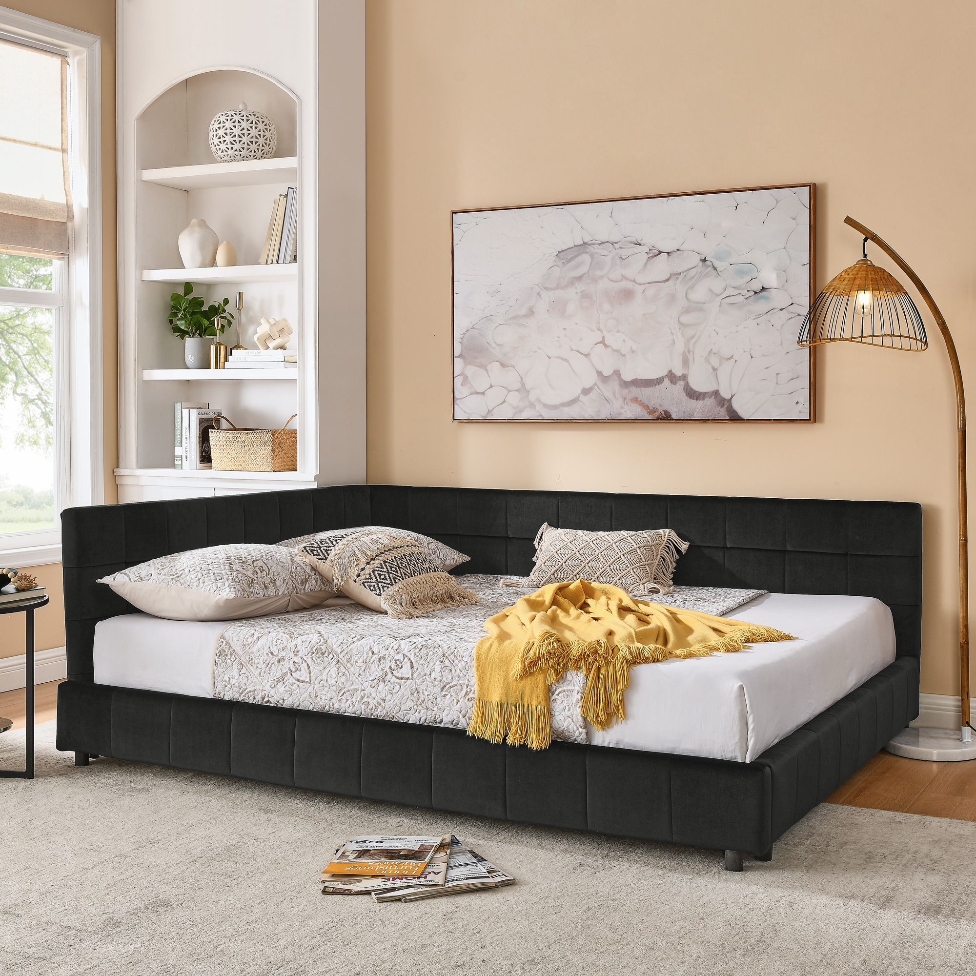 GDFStudio 325023 Upholstered Tufted Bed Frame with Sofa Design Queen Size Black