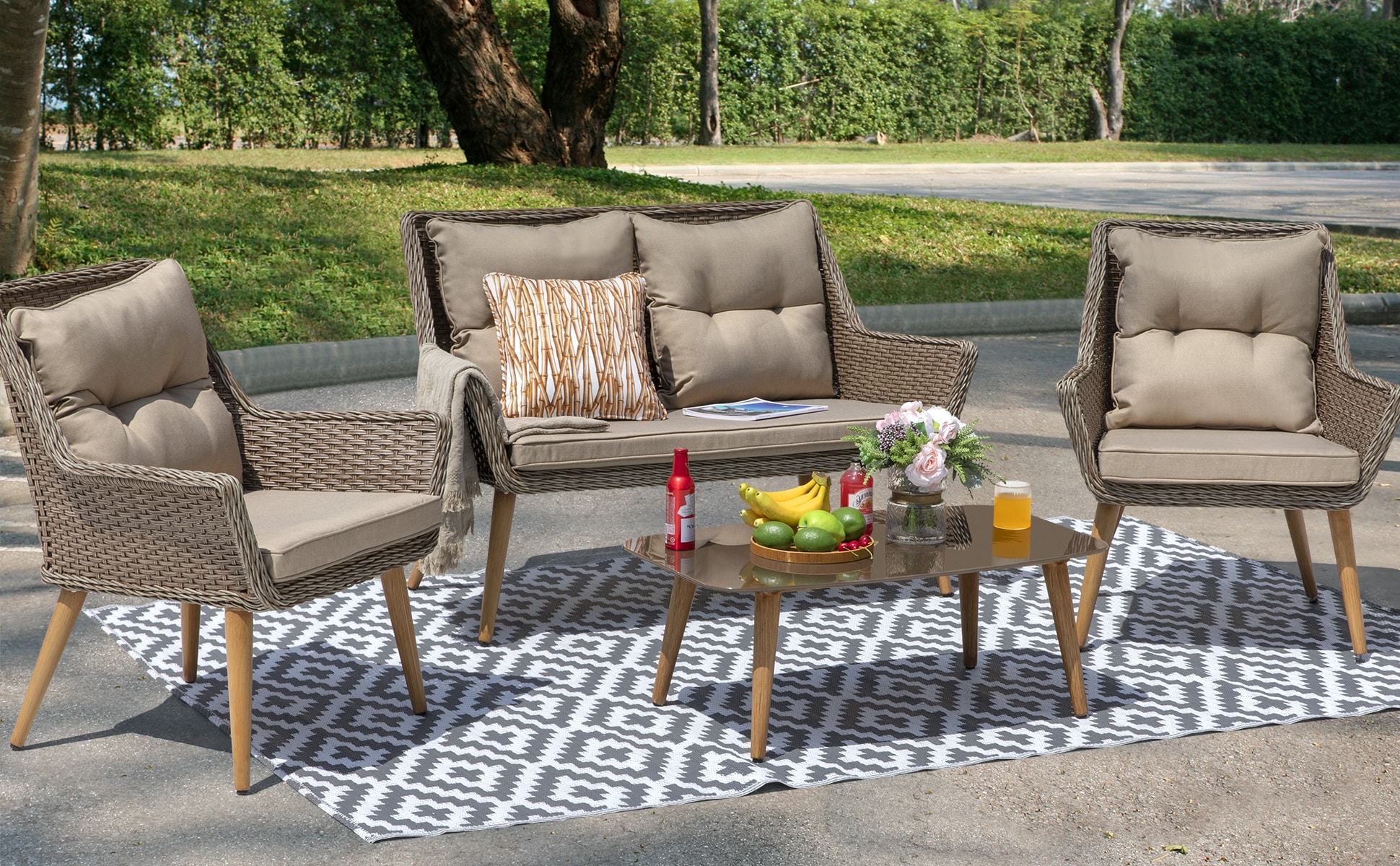 Nuu Garden SWS030-01 11 -Piece Rattan Patio Sofa Conversation Set with Brown Cushions
