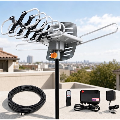 AOIZGMY Outdoor Digital HD TV Antenna 150 Mile Range with 360 Degree Motorized Rotation and 33 ft RG6 Coax Cable for 4K 1080p TVs
