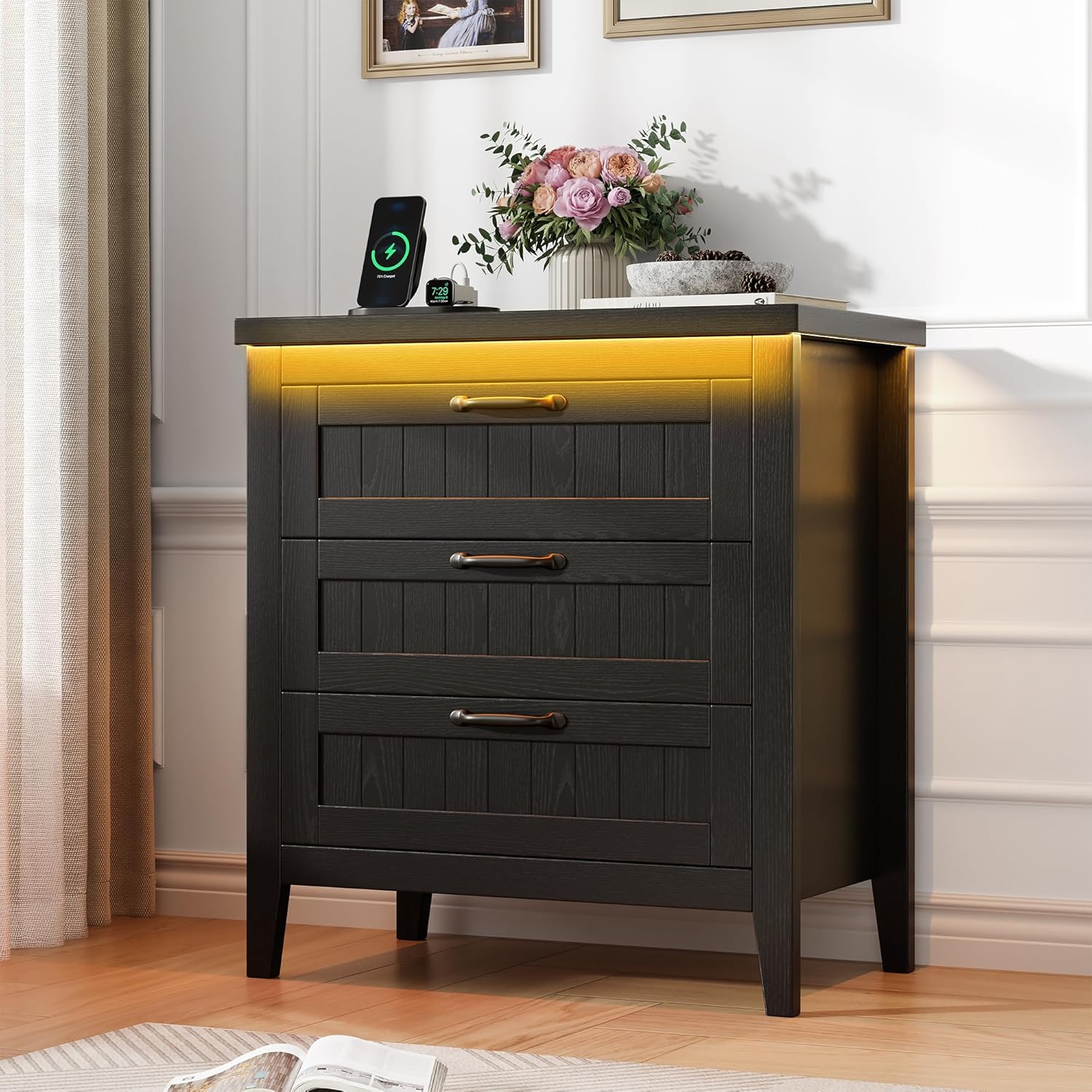 GAOMON Farmhouse 3 drawer dresser nightstand with charging station and LED lights slim clothes organizer for closet dorm apartment black