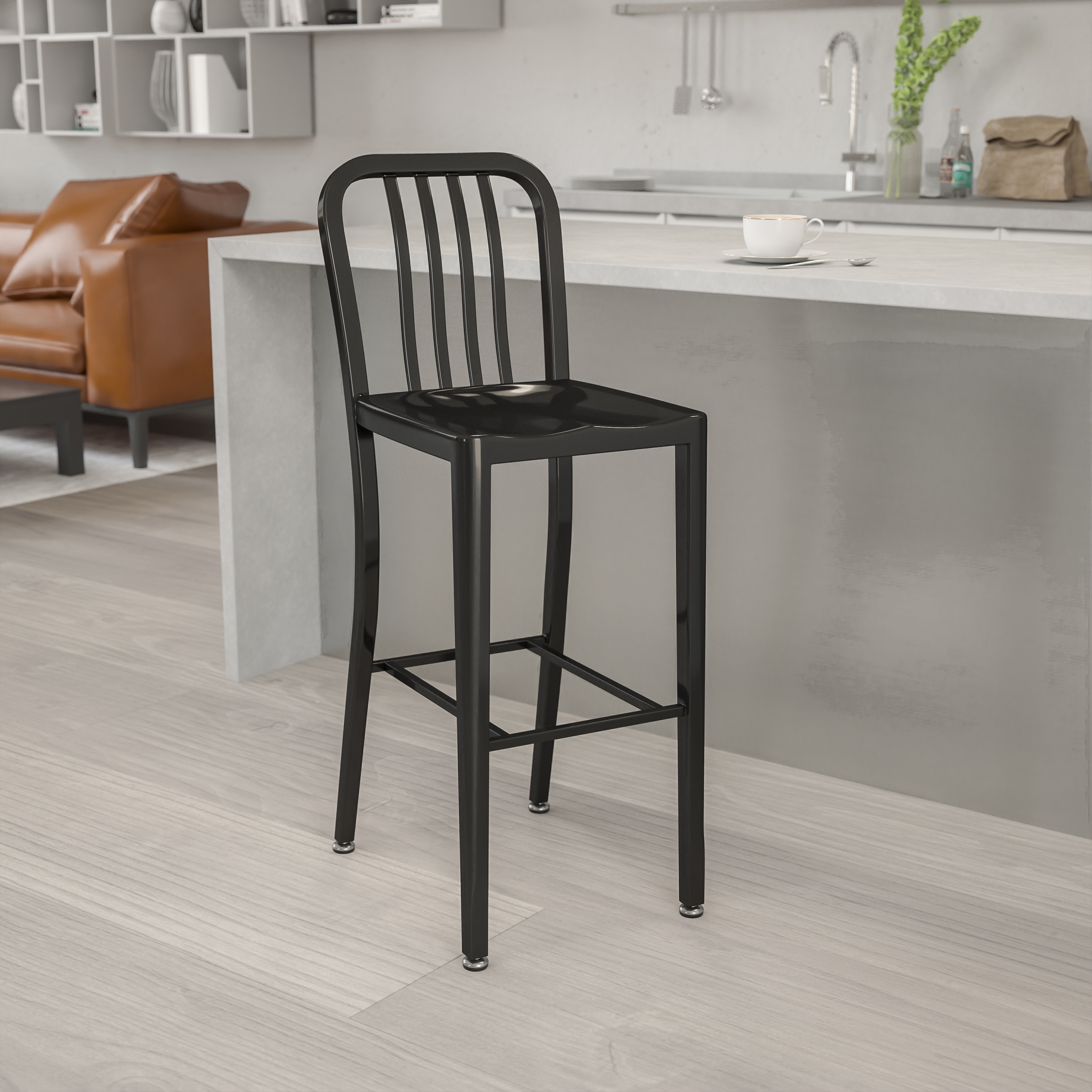 Black Metal 30" Indoor-Outdoor Slat Back Barstool